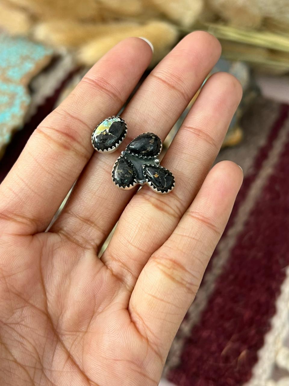 Handmade Sterling Silver Blackjack Turquoise Adjusatble Ring "Signed Nizhoni"