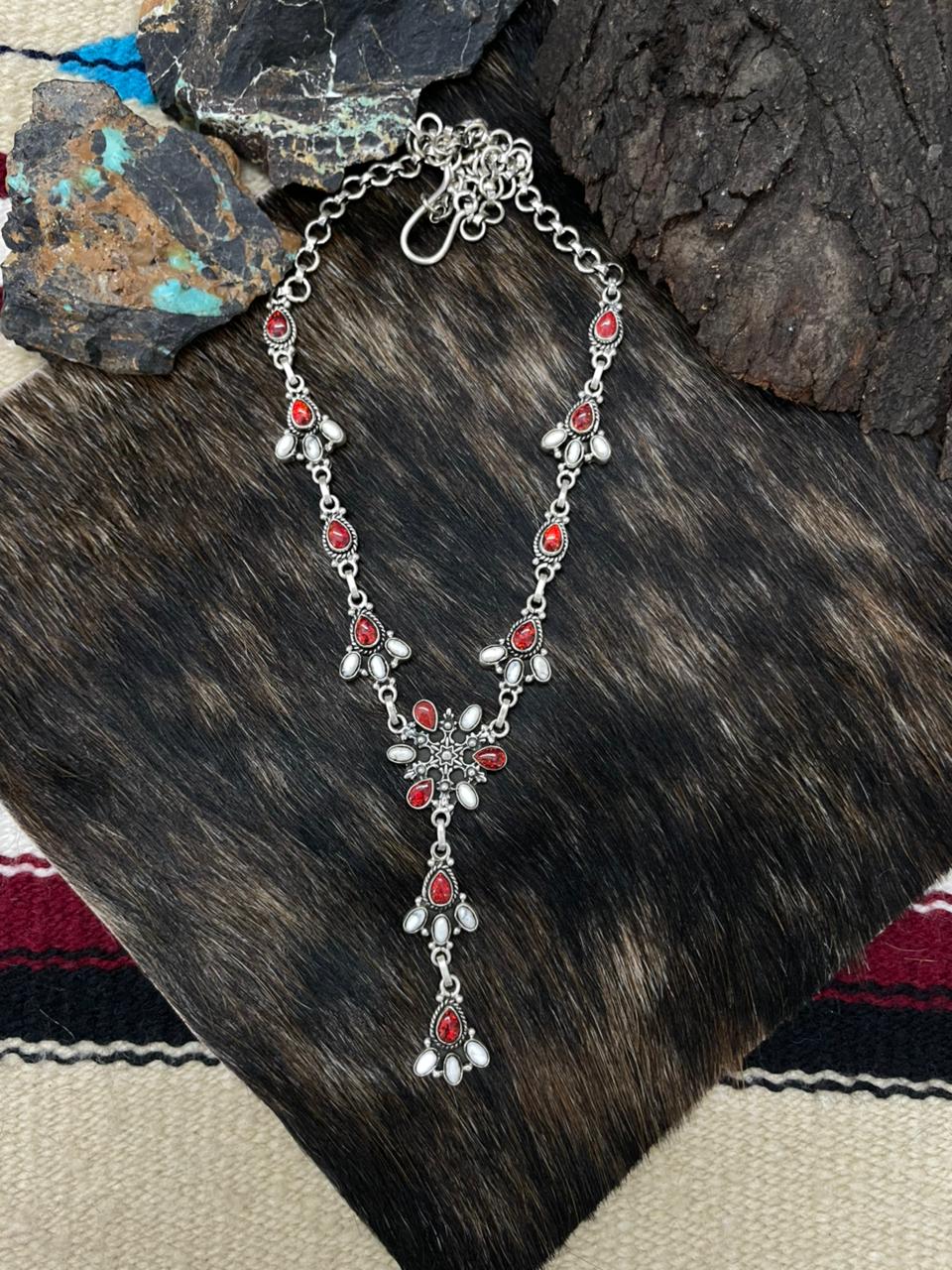 Handmade Sterling Silver White Buffalo with Red Opal Lariat Necklace "Signed Nizhoni"