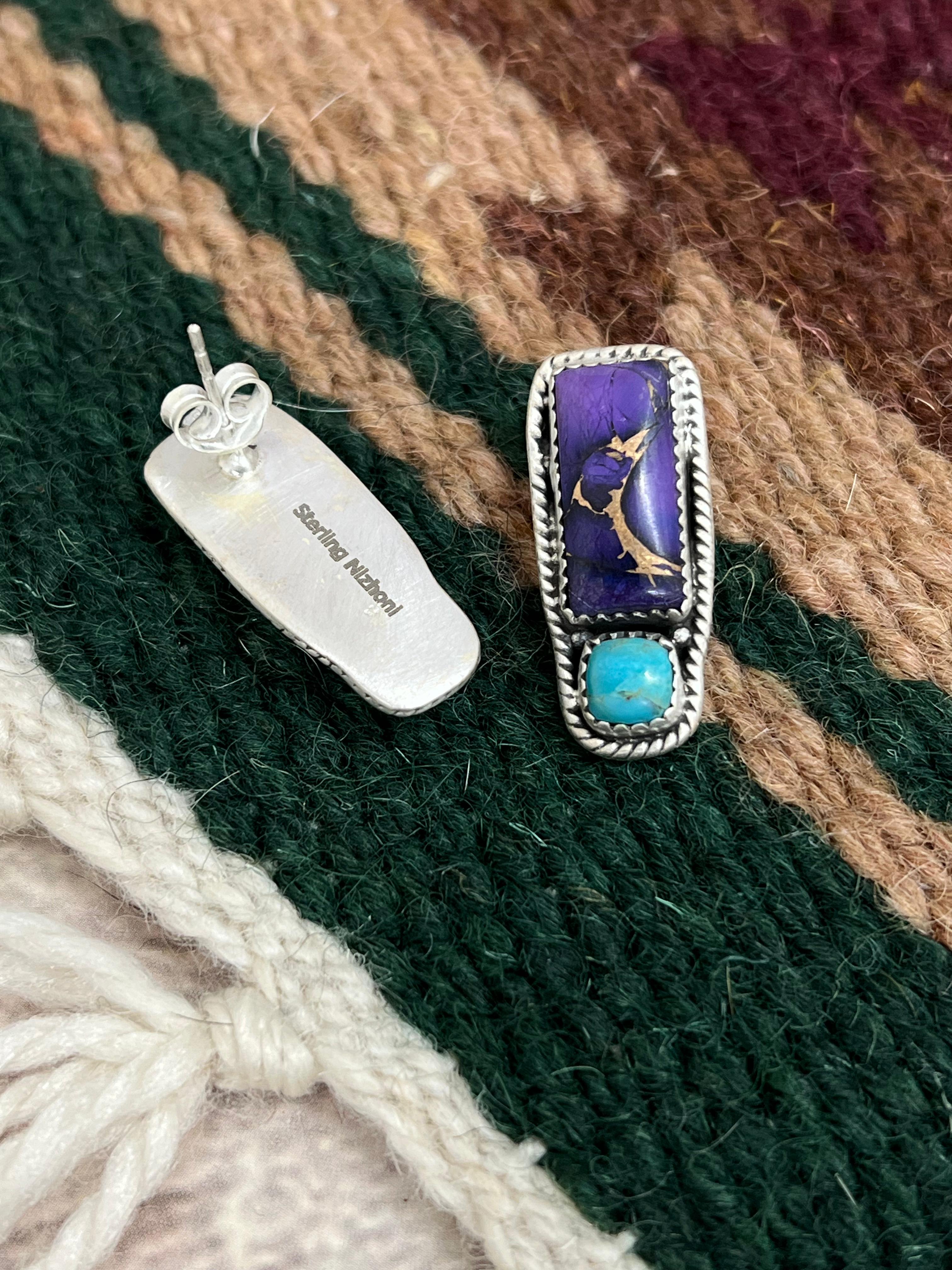 Handmade Sterling Silver Grape Dahlia with Kingman Post Studs with Signed Nizhoni