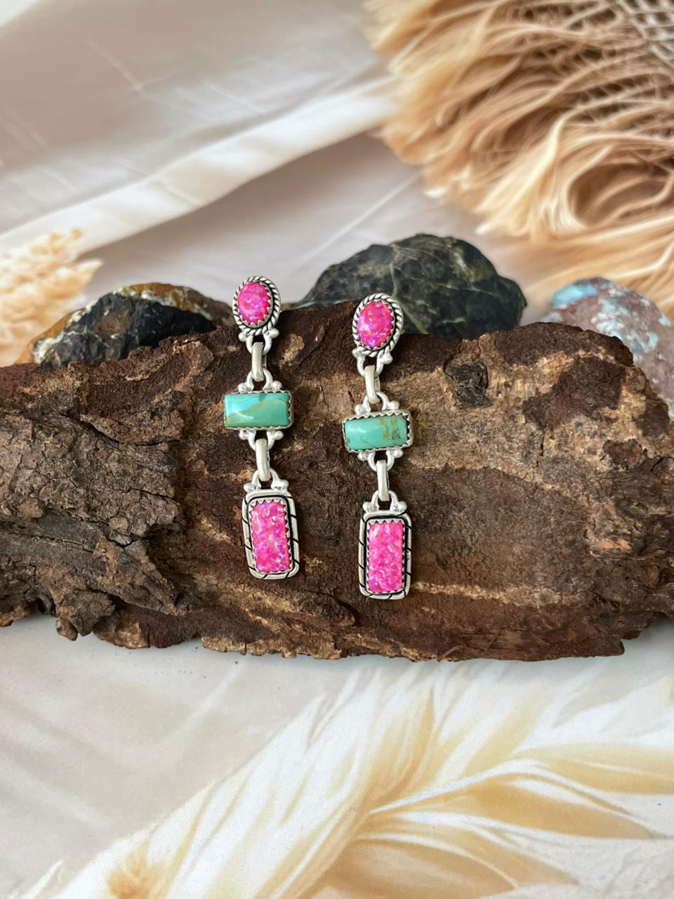 Handmade Sterling Silver Spring Collection: Hot Pink with Kingman Post Dangle Earrings "Signed Nizhoni"