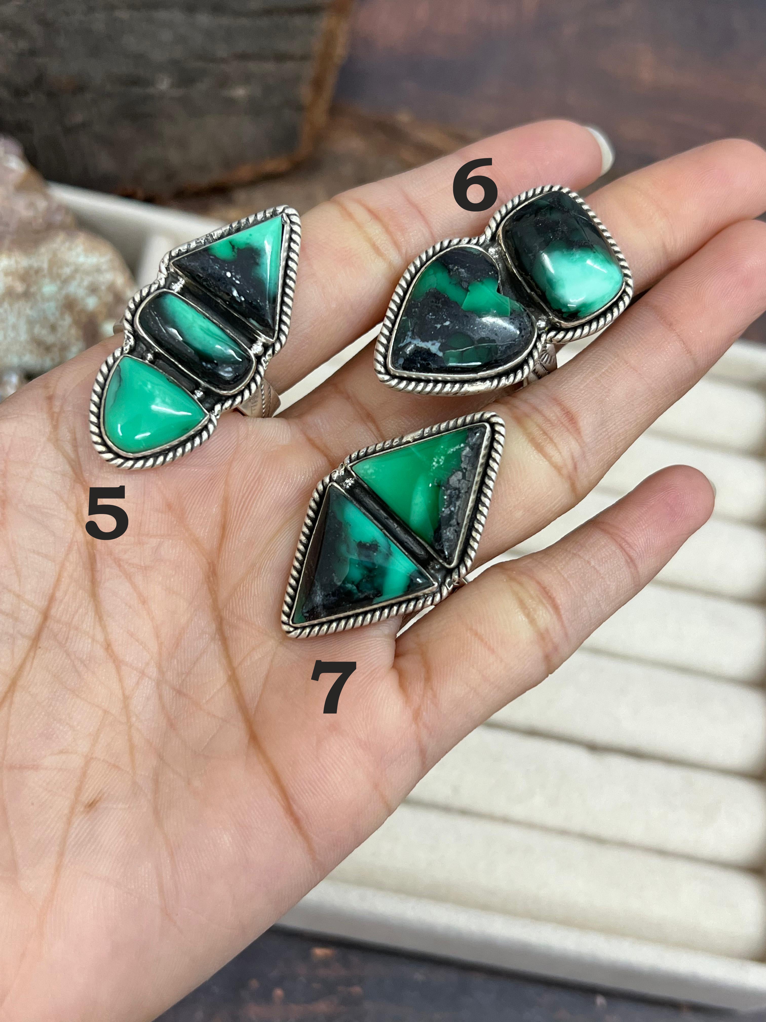 Handmade Sterling Silver Emerald Rose Variscite Adjustable Ring Signed Nizhoni