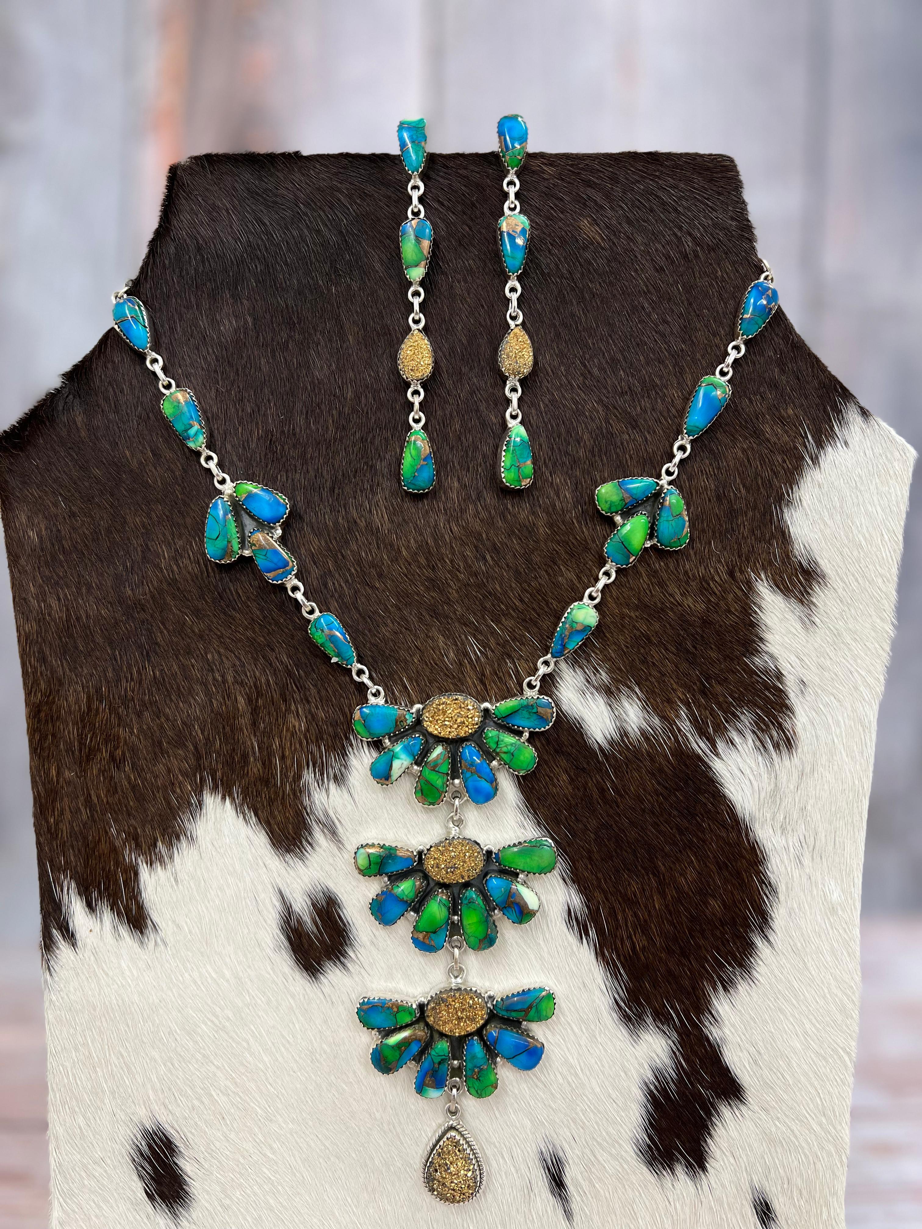 Handmade Sterling Silver Peacock Dahlia with Druzy Necklace Earrings Set with Signed Nizhoni