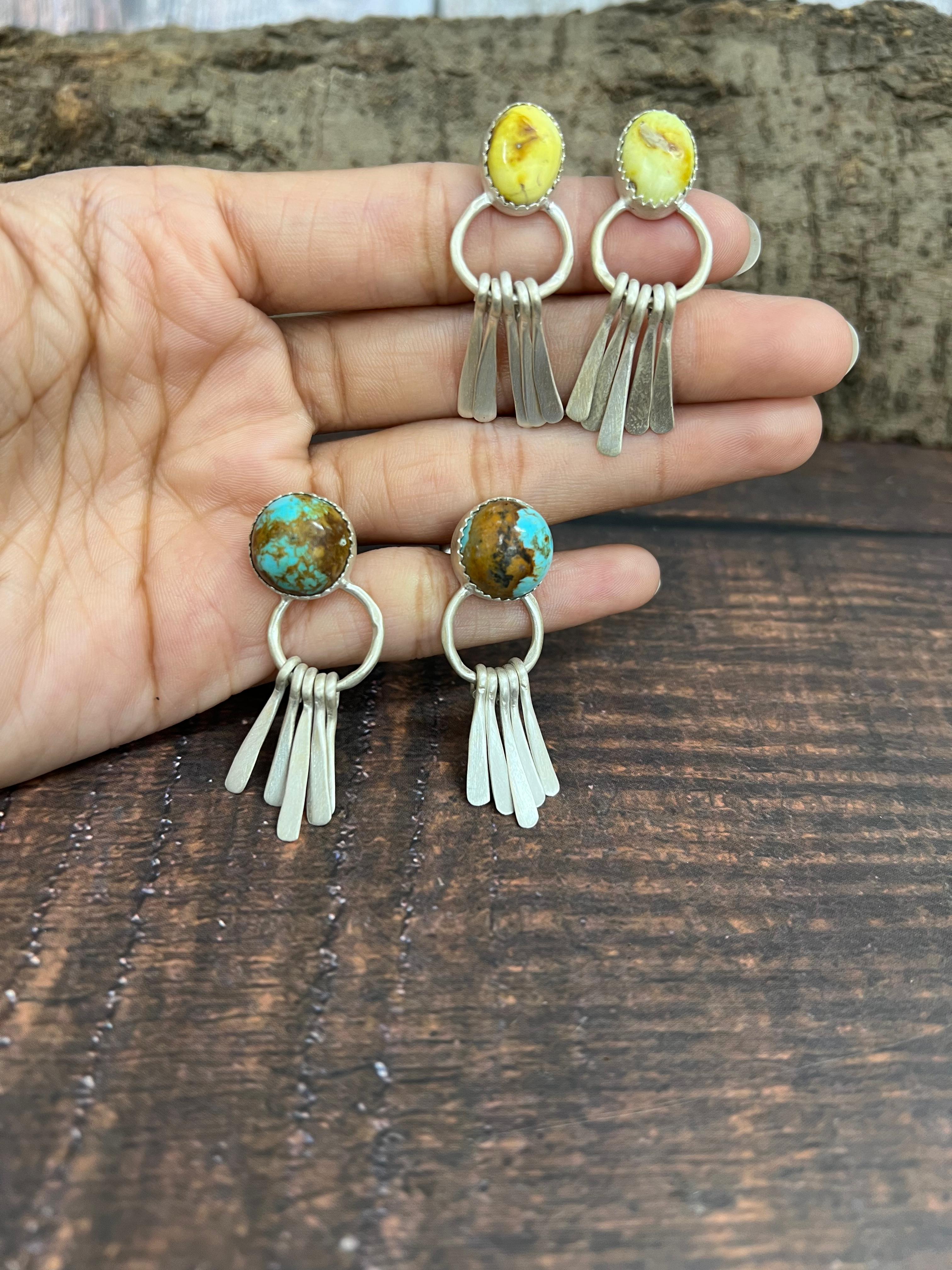 Handmade Sterling Silver Golden Hills, Palomino, Kingman Turquoise, Dahlia Rose Dangle Earrings with Signed Nizhoni