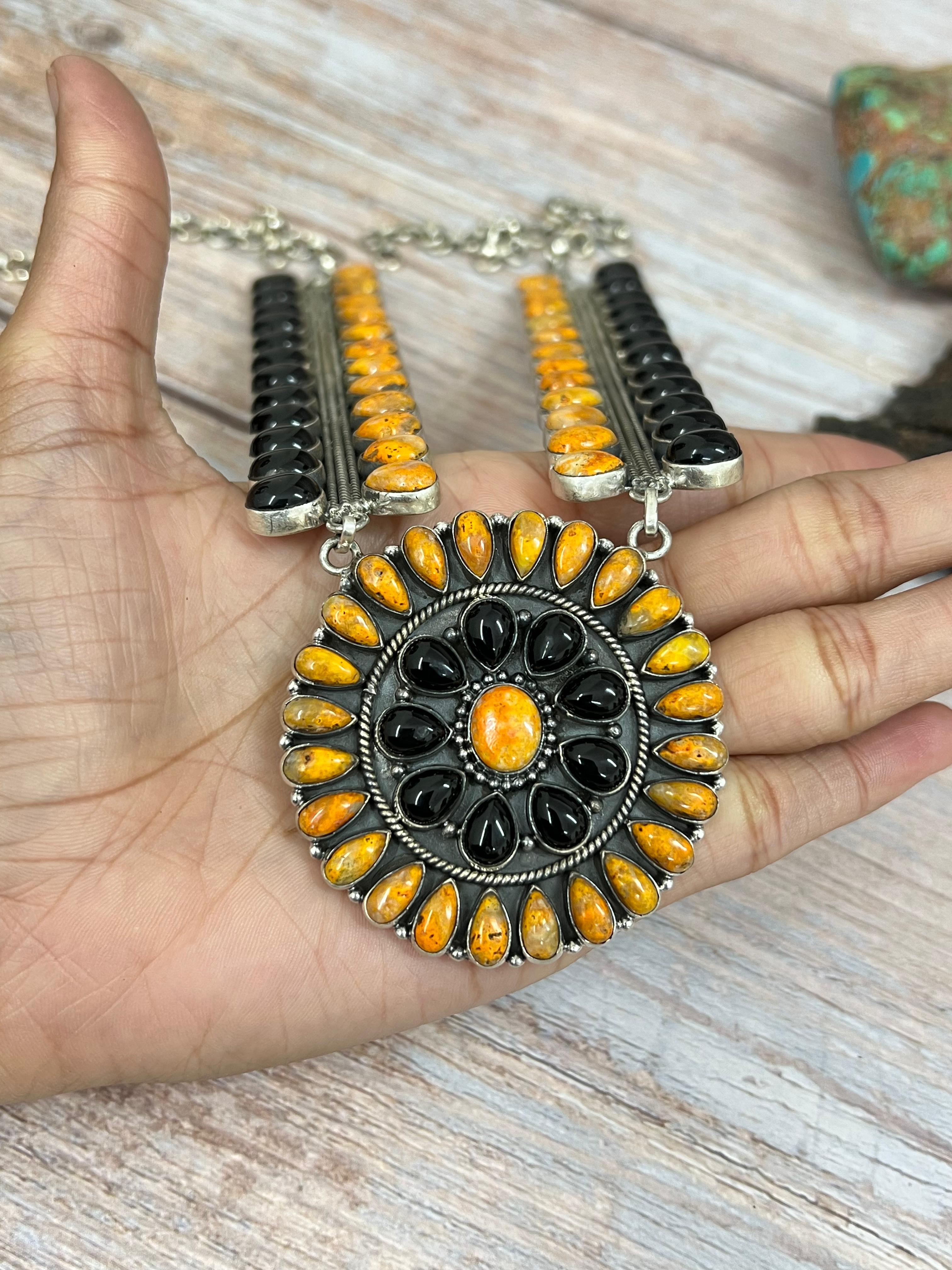 Handmade Sterling Silver Black Onyx, Bumblebee Necklace Signed Nizhoni