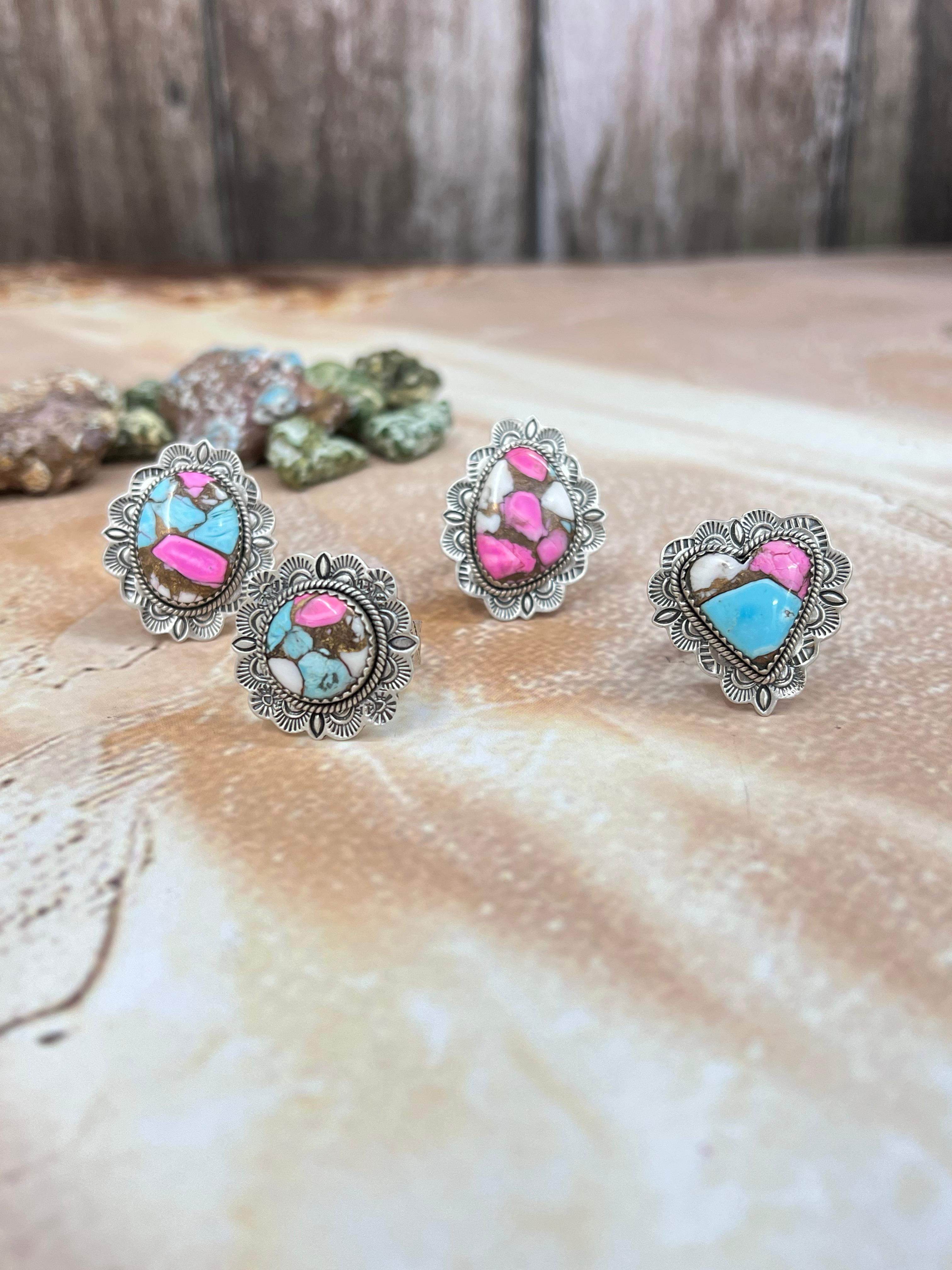 Handmade Sterling Silver Cotton Candy Turquoise Adjustable Ring, Signed Nizhoni