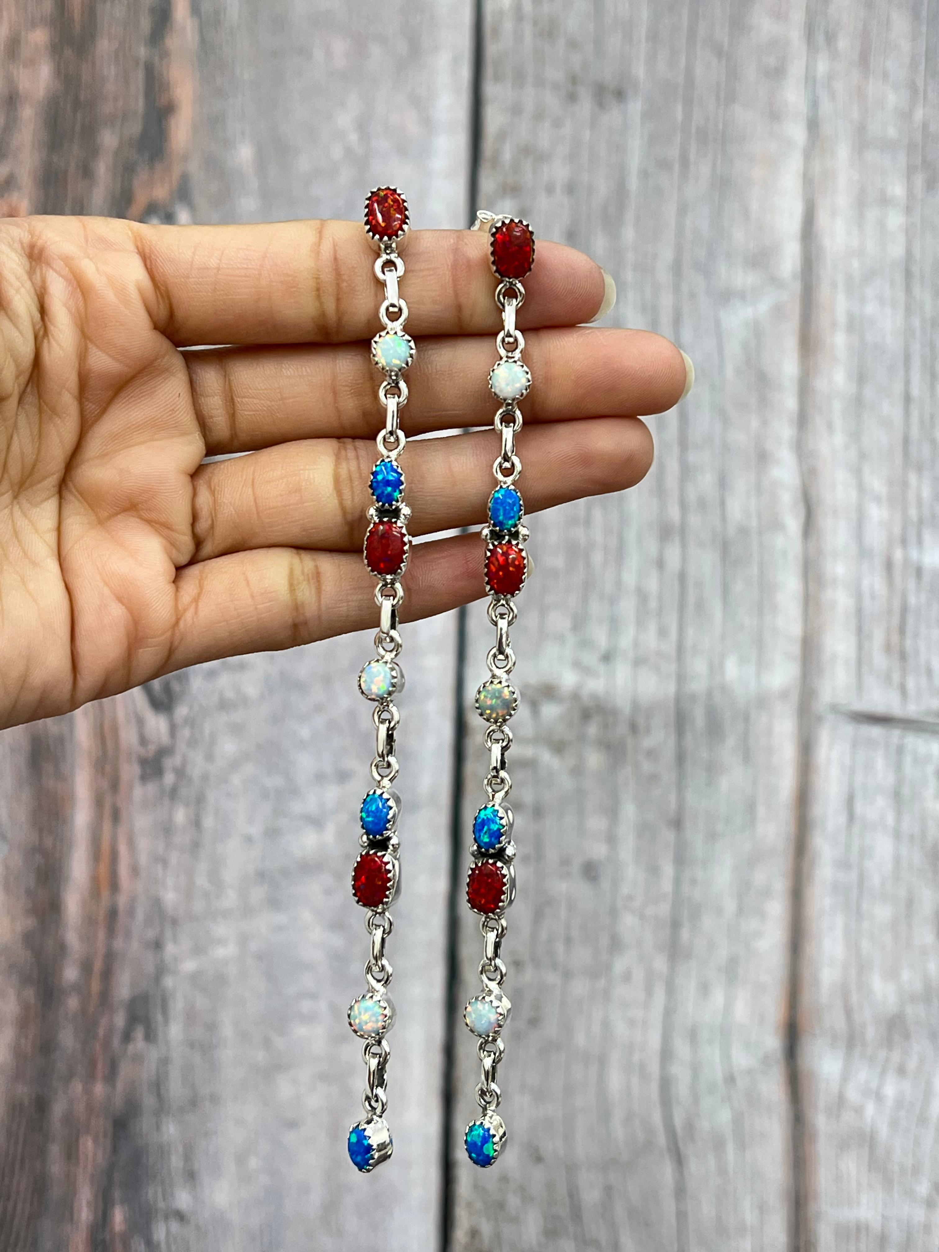 ** 4TH OF JULY ** Handmade Sterling Silver Synthetic Opal Post Earrings with Signed Nizhoni