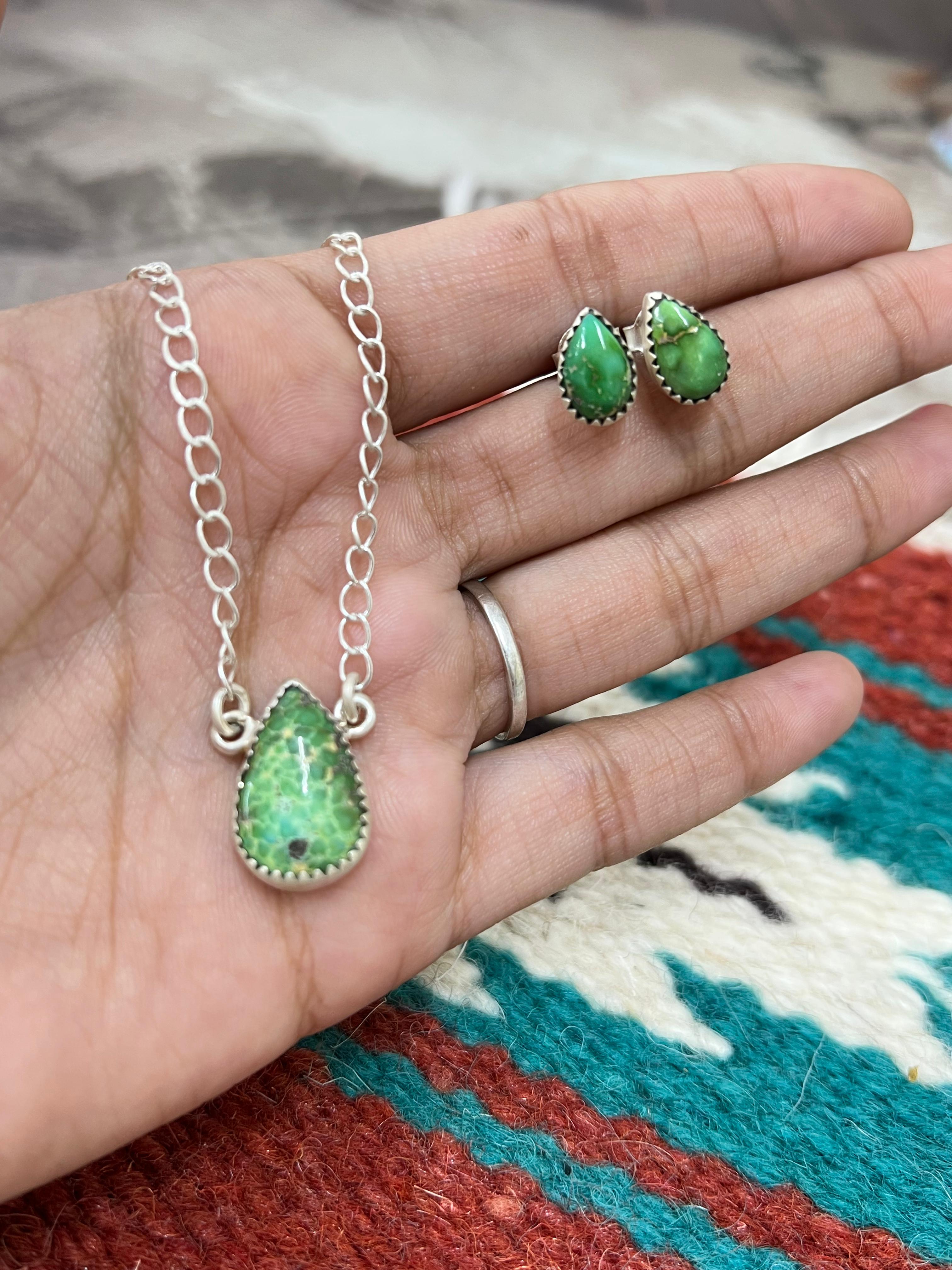 Handmade Sterling Silver Sonoran Mountain Turquoise Necklace Earrings Set with Signed Nizhoni