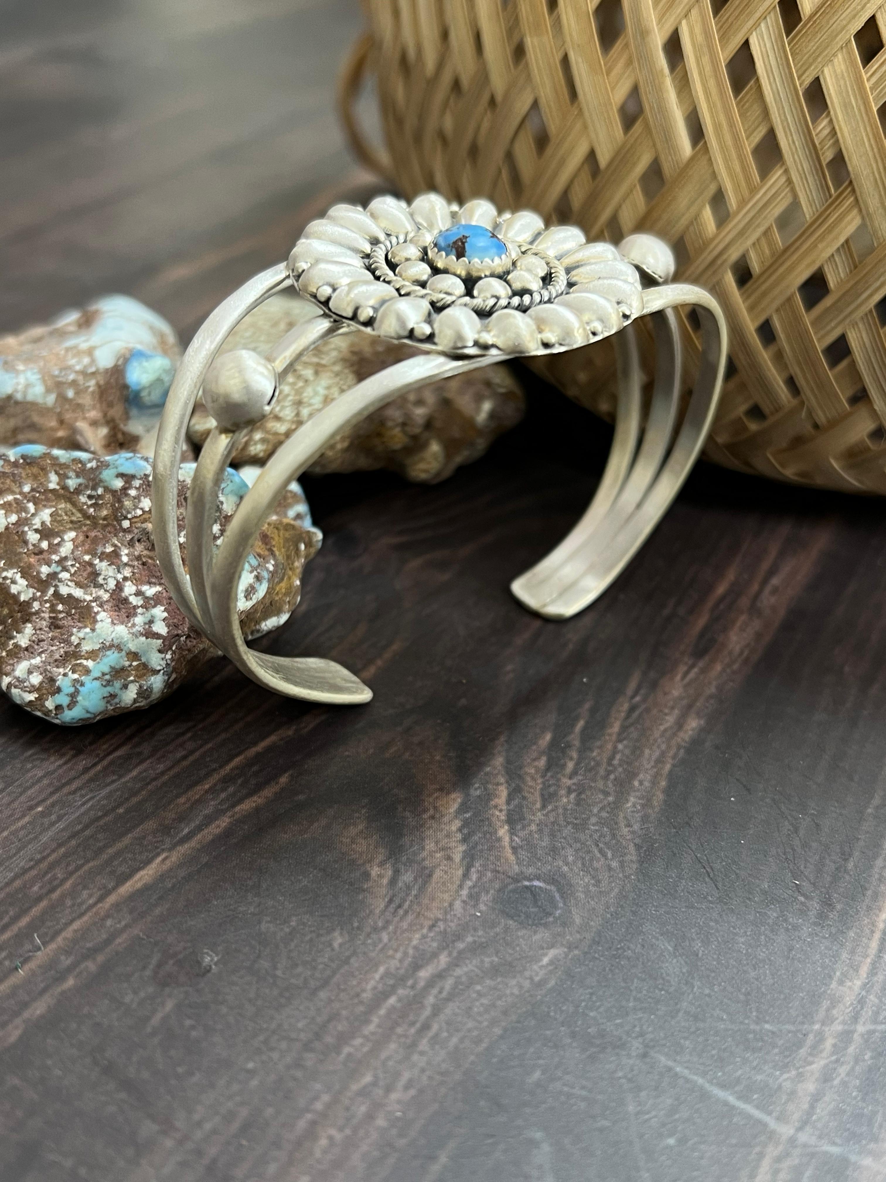 Handmade Sterling Silver Golden Hills Turquoise Cuff Bracelet with Signed Nizhoni