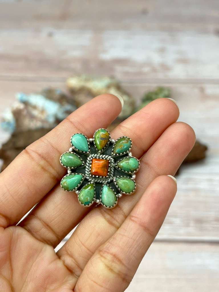 Handmade Sterling Silver Orange Mojave with Kingman Turquoise Adjustable Ring with Signed Nizhoni