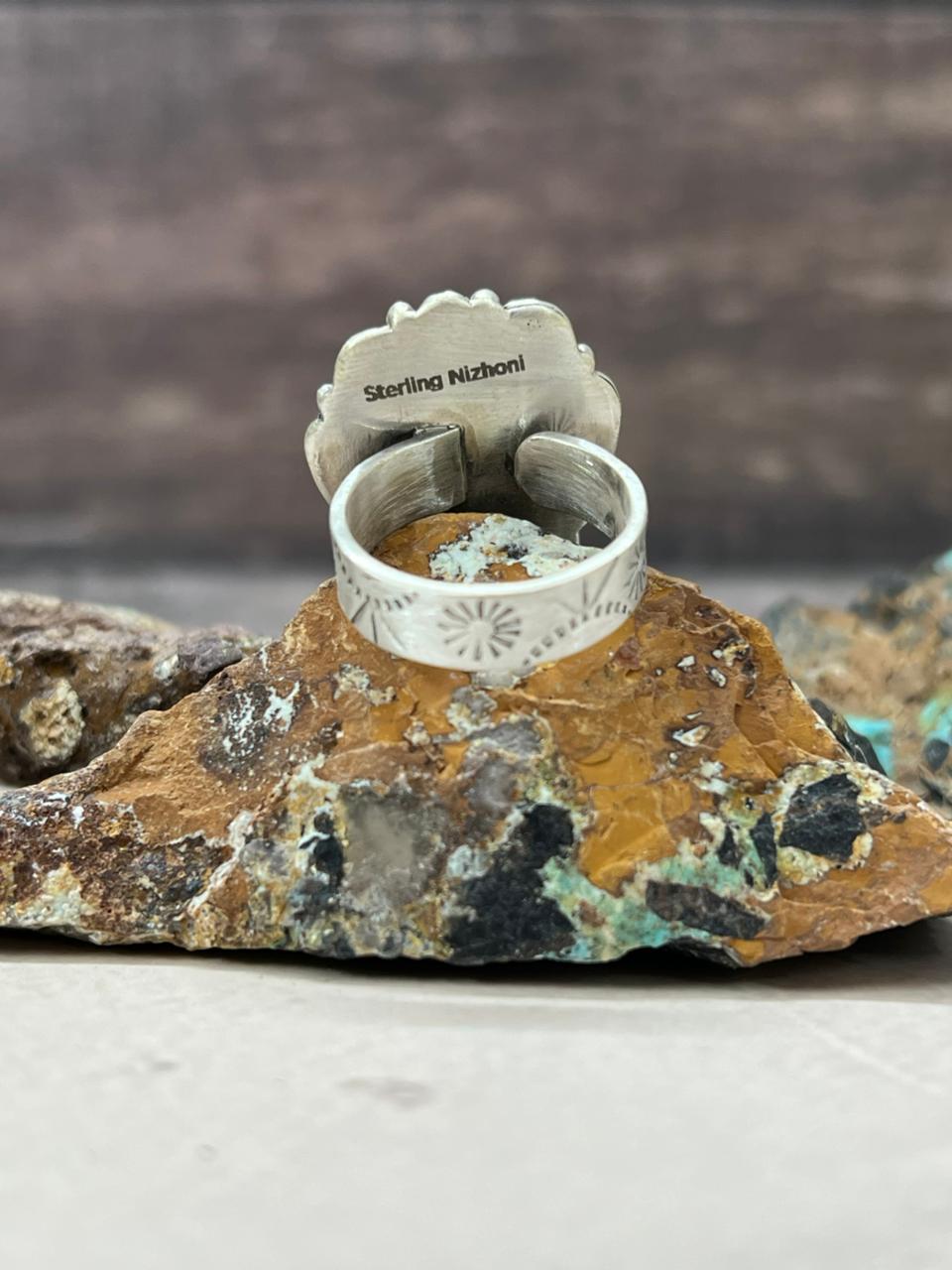 Handmade Sterling Silver Number 8 Turquoise Adjustable Ring "Signed Nizhoni"