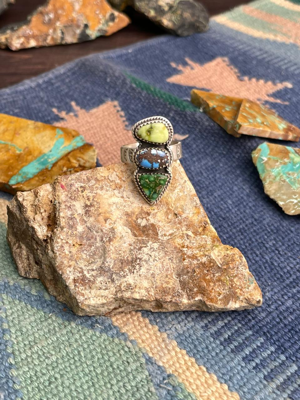 Handmade Sterling Silver Palomino with Golden Hills and Sonoran Mountain Turquoise Adjustable Ring " Signed Nizhoni"