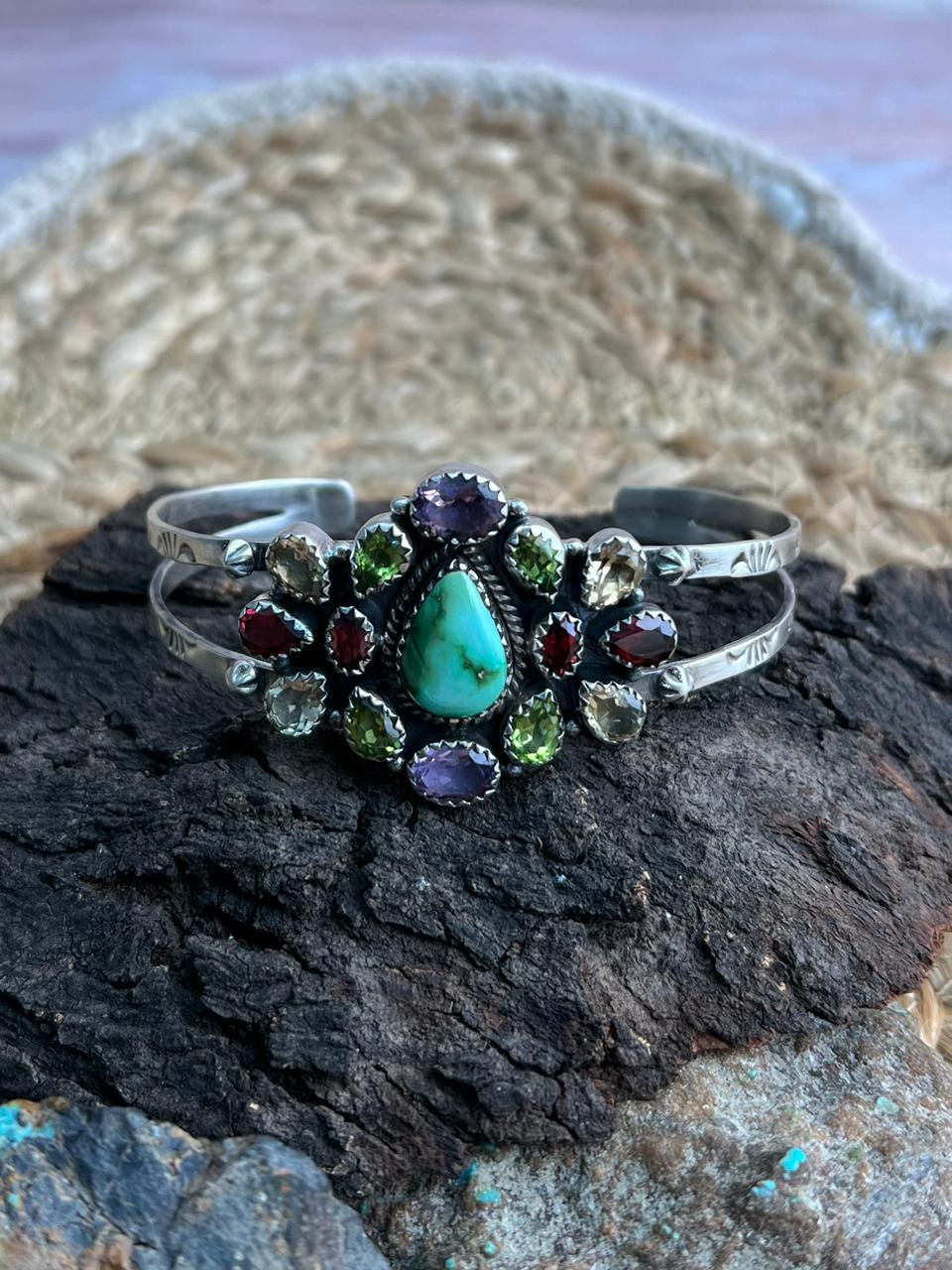 Handmade Sterling Silver Sonoran with Cut Stone Bracelet "Signed Nizhoni"