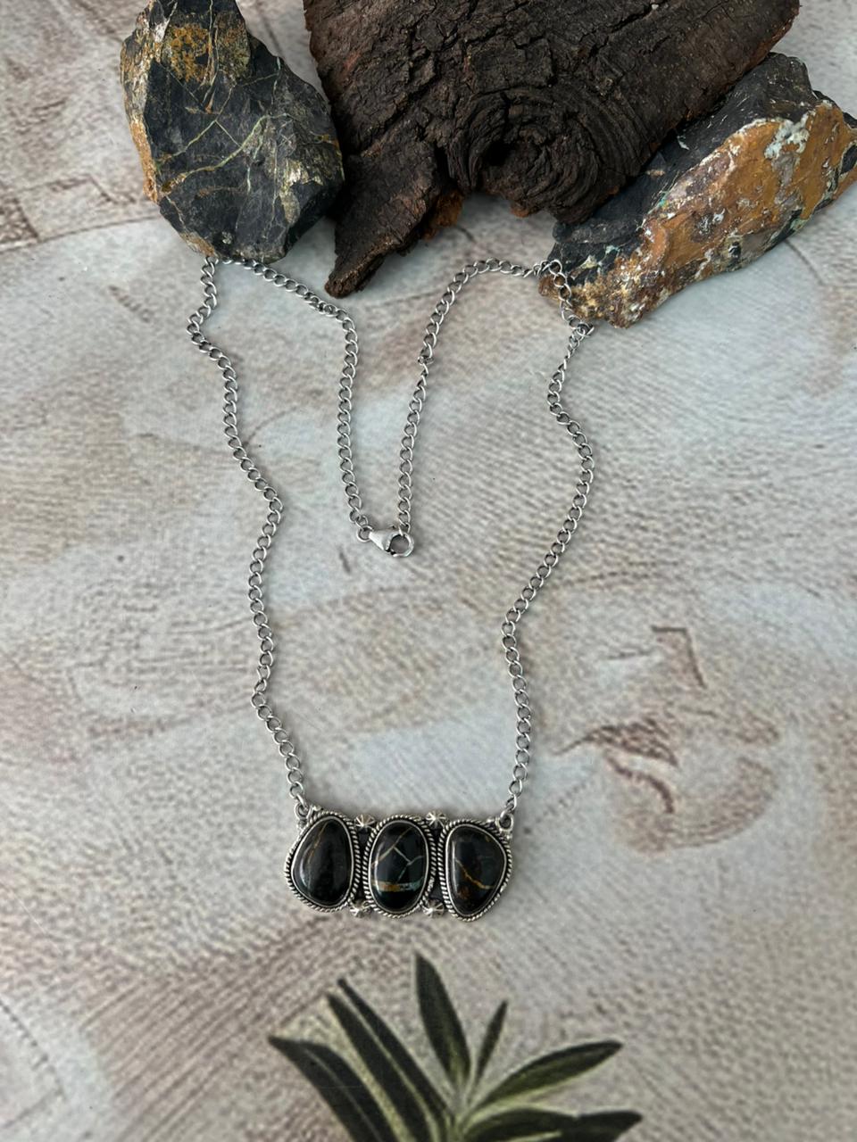 Handmade Sterling Silver Blackjack Turquoise Necklace "Signed Nizhoni"
