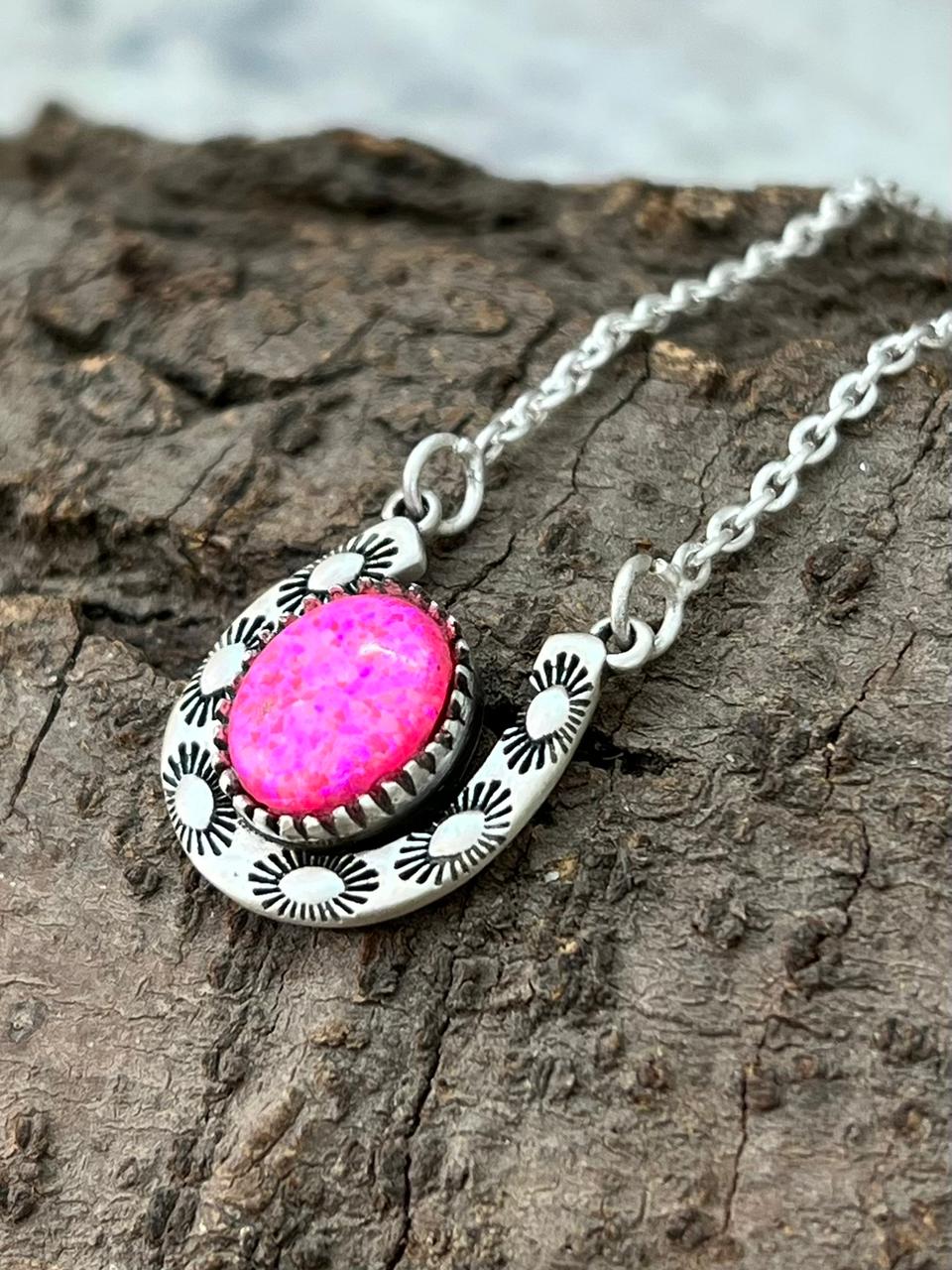 Handmade Sterling Silver Hot Pink Horseshoe Necklace "Signed Nizhoni"