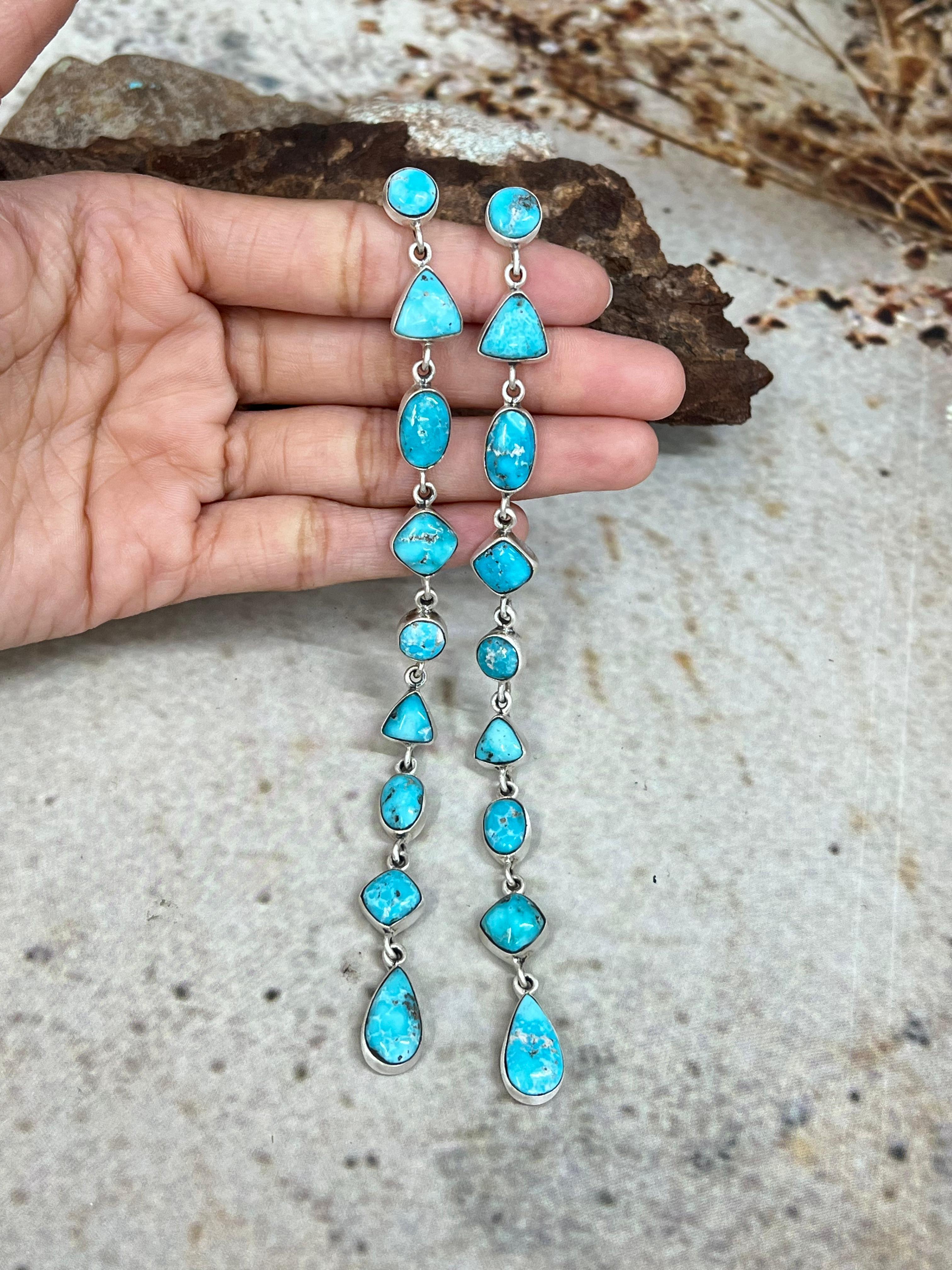 Handmade Sterling Silver White Water Turquoise Dangle Earrings Signed Nizhoni