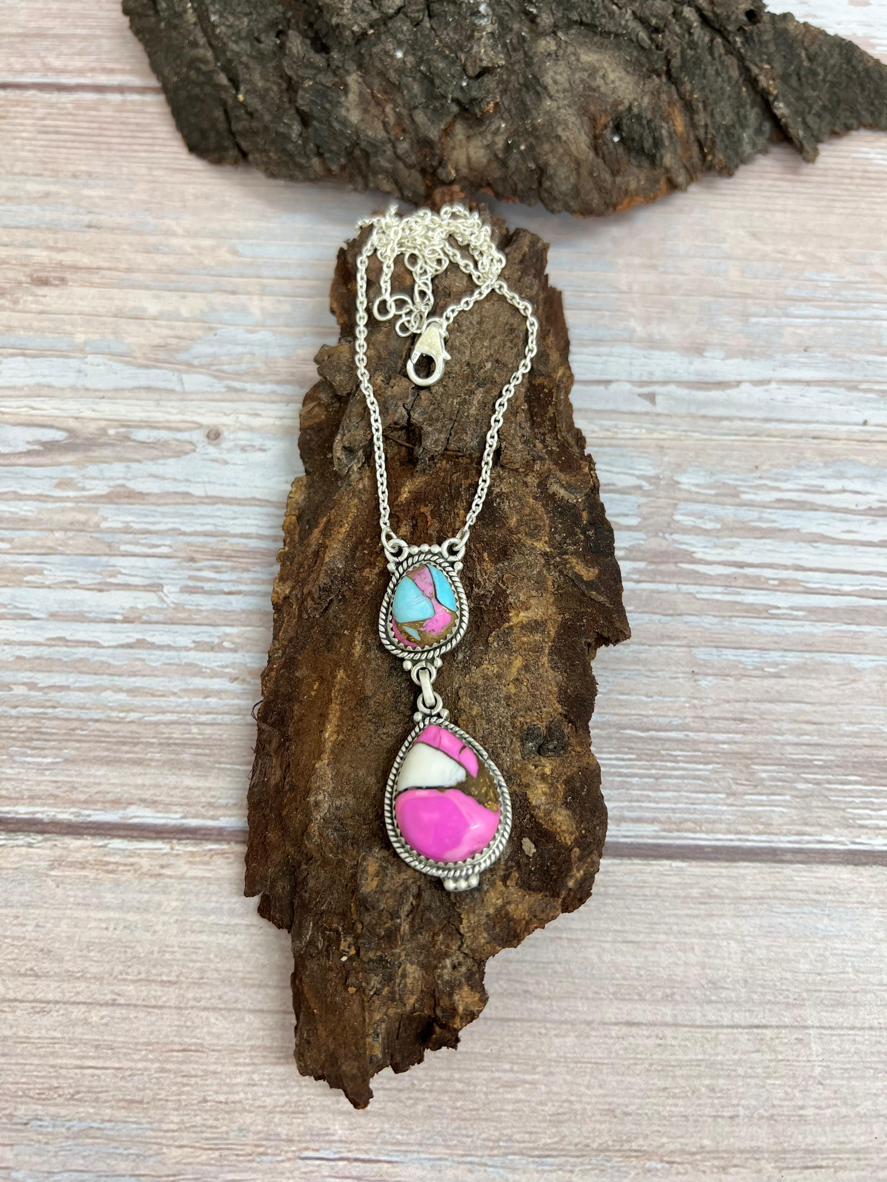 Handmade Sterling Silver Cotton Candy Turquoise Necklace with Signed Nizhoni