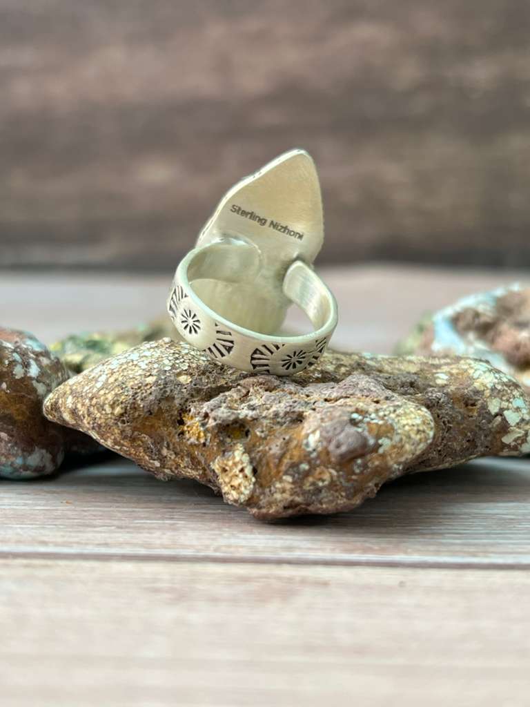 Handmade Sterling Silver Sonoran Mountain Turquoise with White Water Adjustable Ring "Signed Nizhoni"