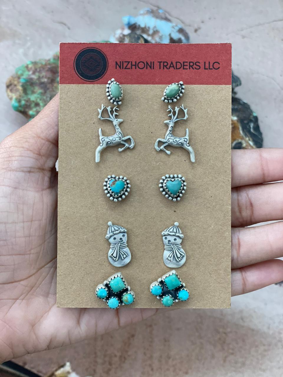 Handmade Sterling Silver Kingman Turquoise Post Studs Earrings Set
