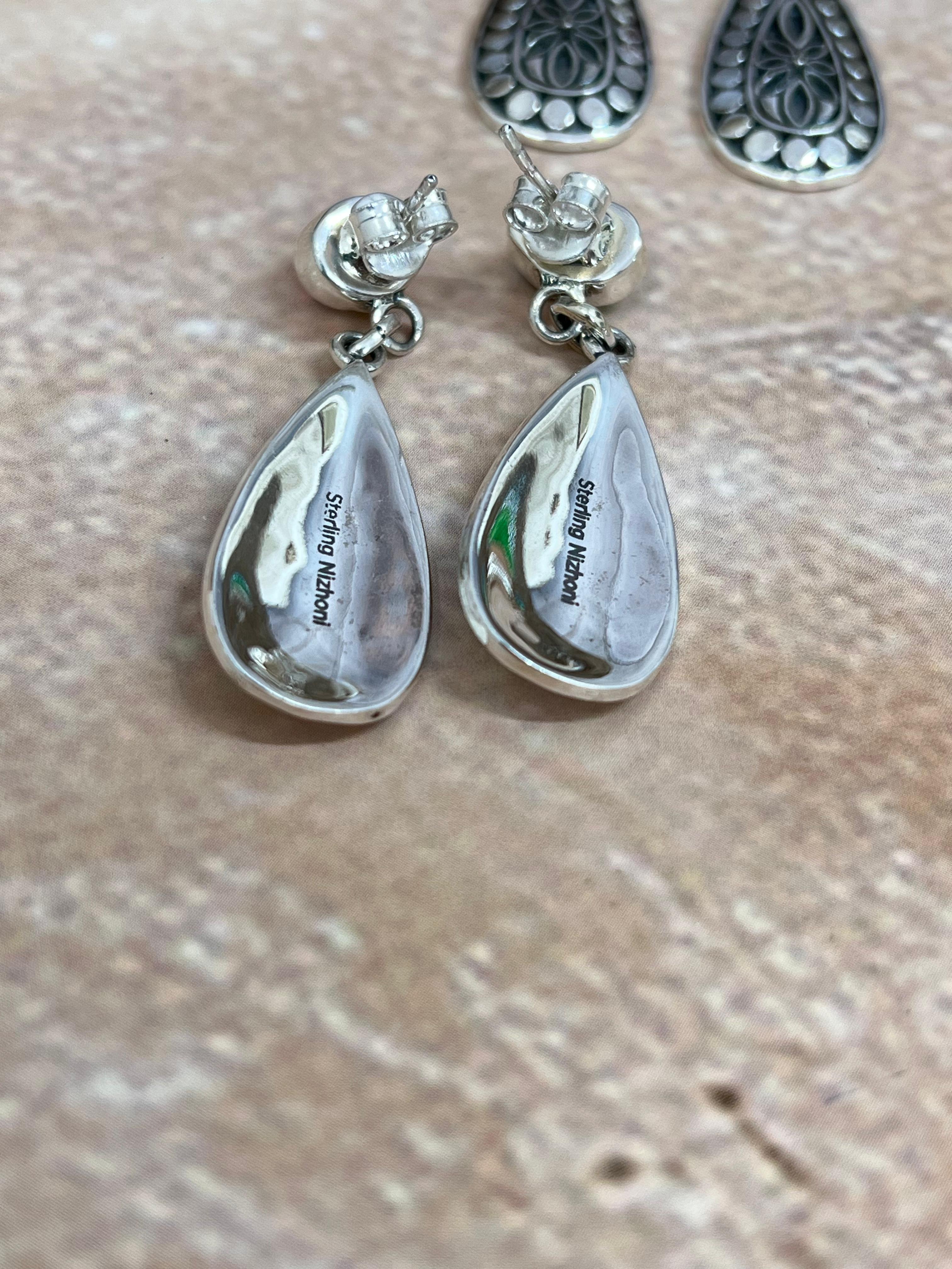 Handmade Sterling Silver Peacock Dahlia, Dahlia Rose, Cotton Candy Turquoise Post Earrings with Signed Nizhoni