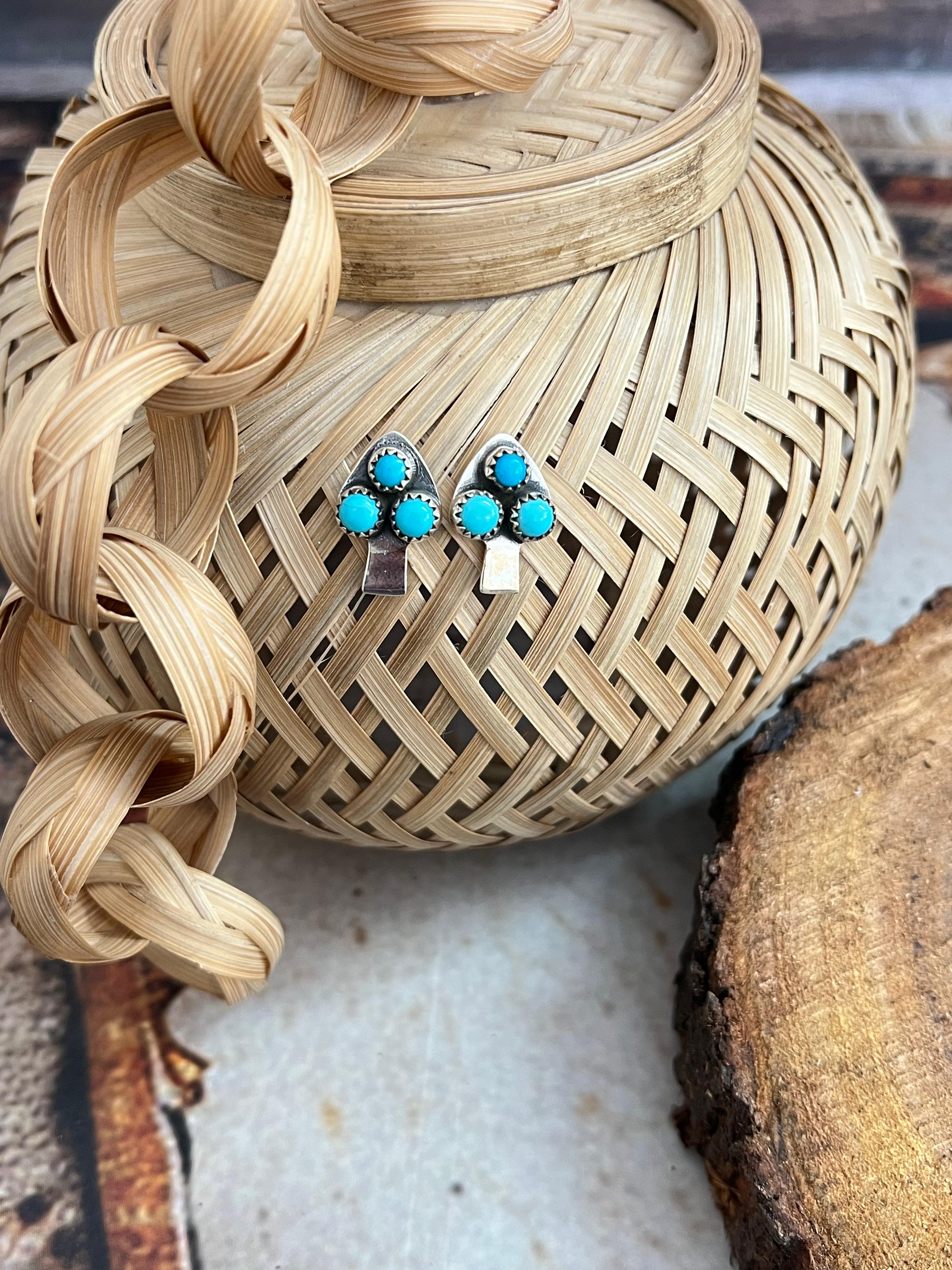 Handmade Sterling Silver Kingman Turquoise Post Studs with Signed Nizhoni