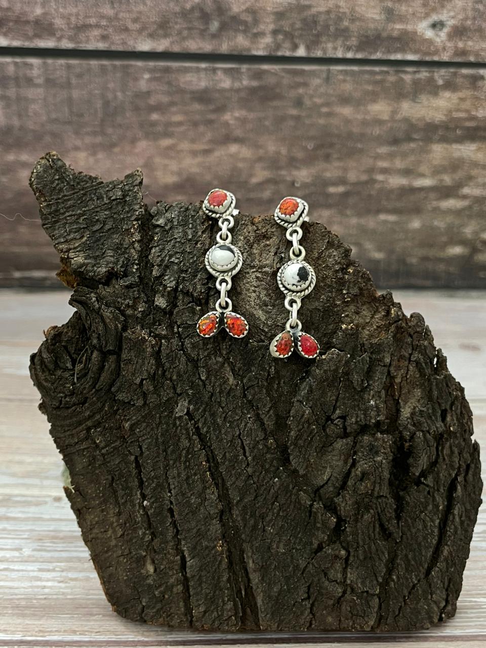 "Christmas Collection" Handmade Sterling Silver White Buffalo with Red Opal Dangle Earrings "Signed Nizhoni"