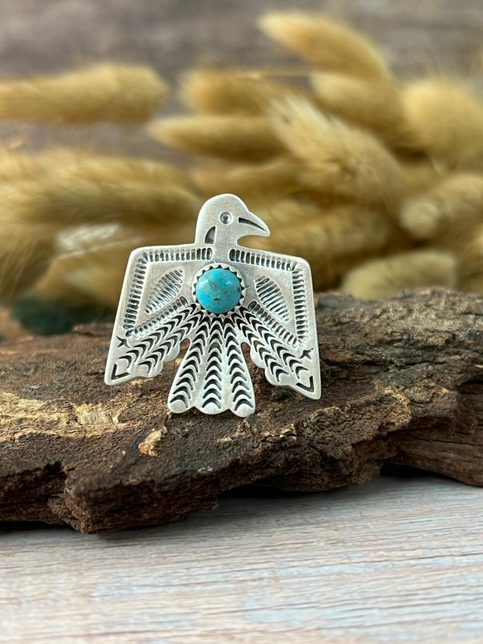 Handmade Sterling Silver Kingman Turquoise Thunder Bird Adjustable Ring "Signed Nizhoni"