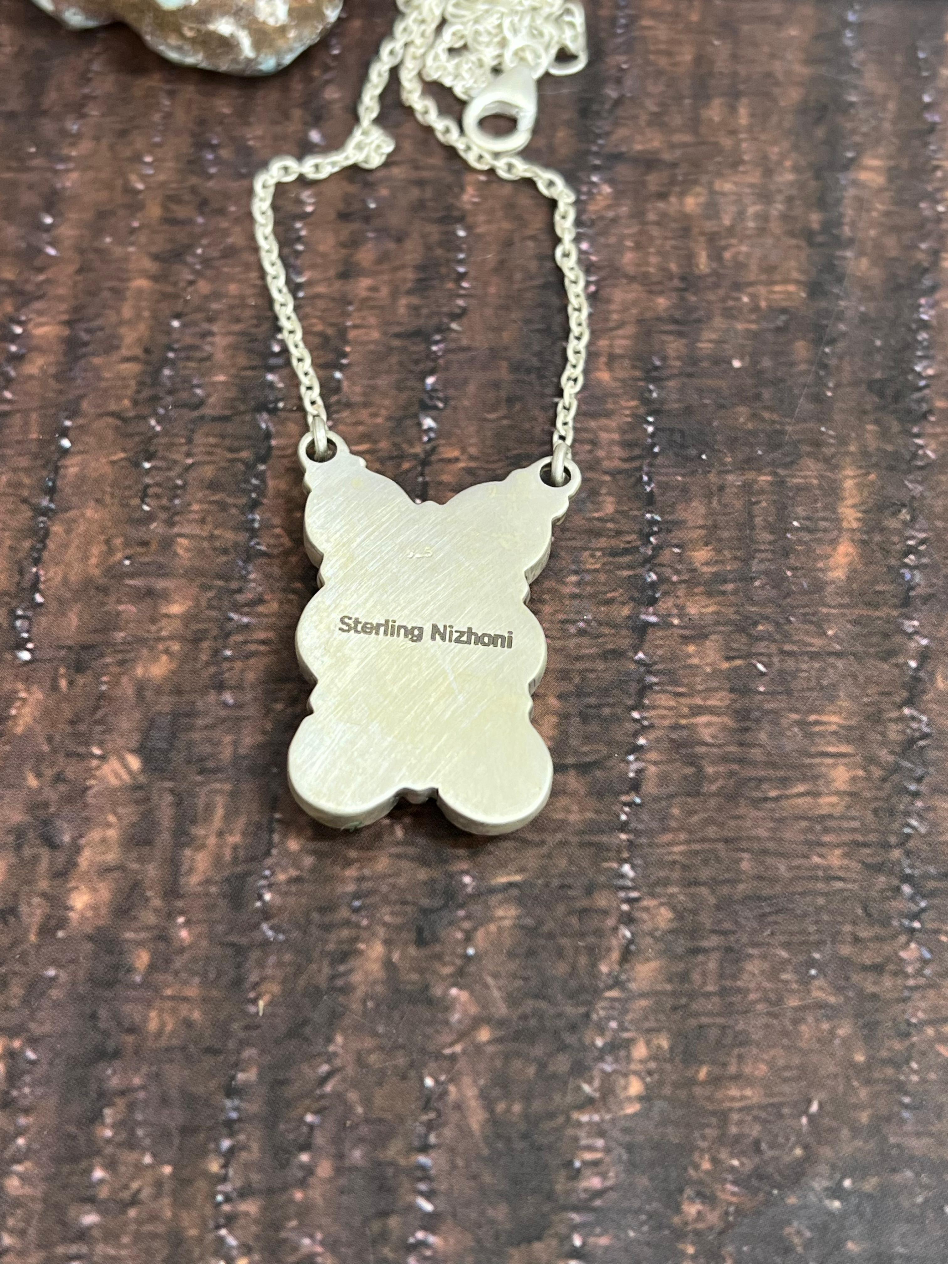 Handmade Sterling Silver Kingman Turquoise Necklace with Signed Nizhoni
