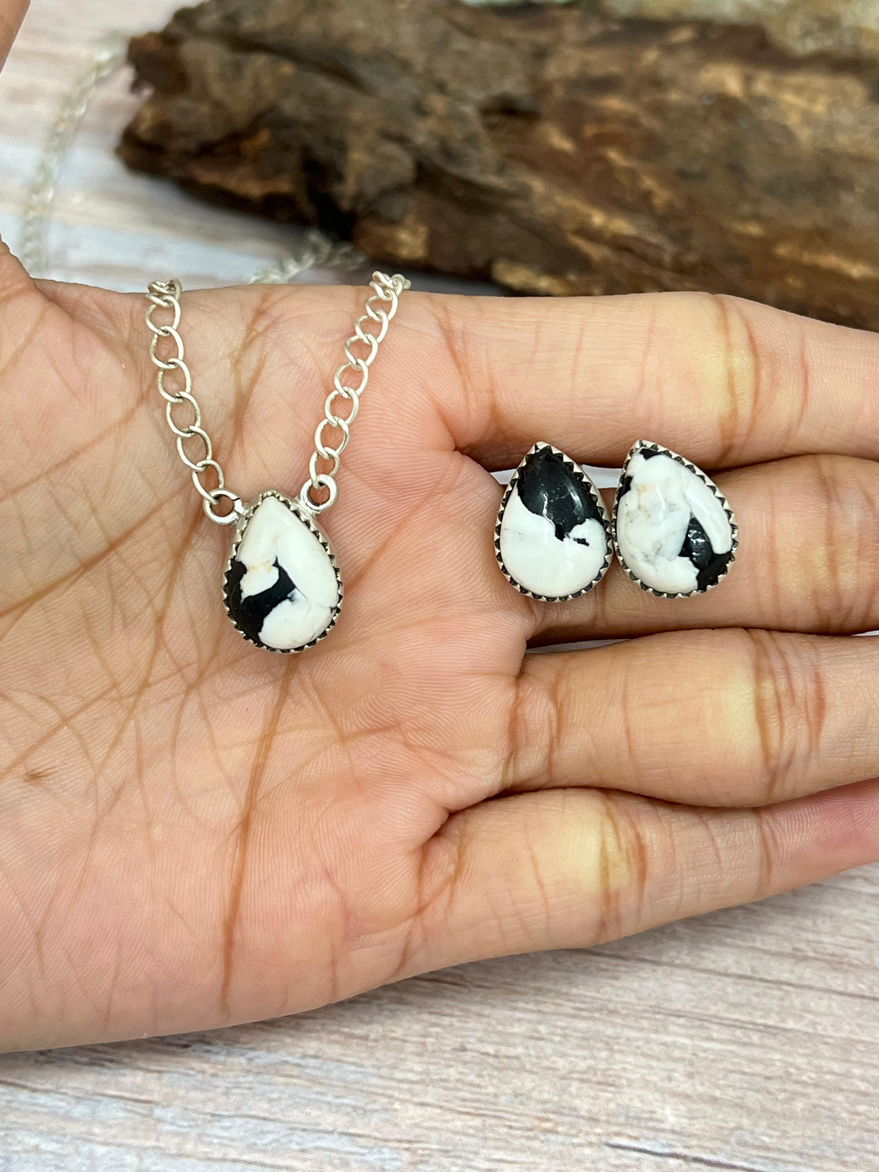 Handmade Sterling Silver White Buffalo Necklace Earrings Set with Signed Nizhoni