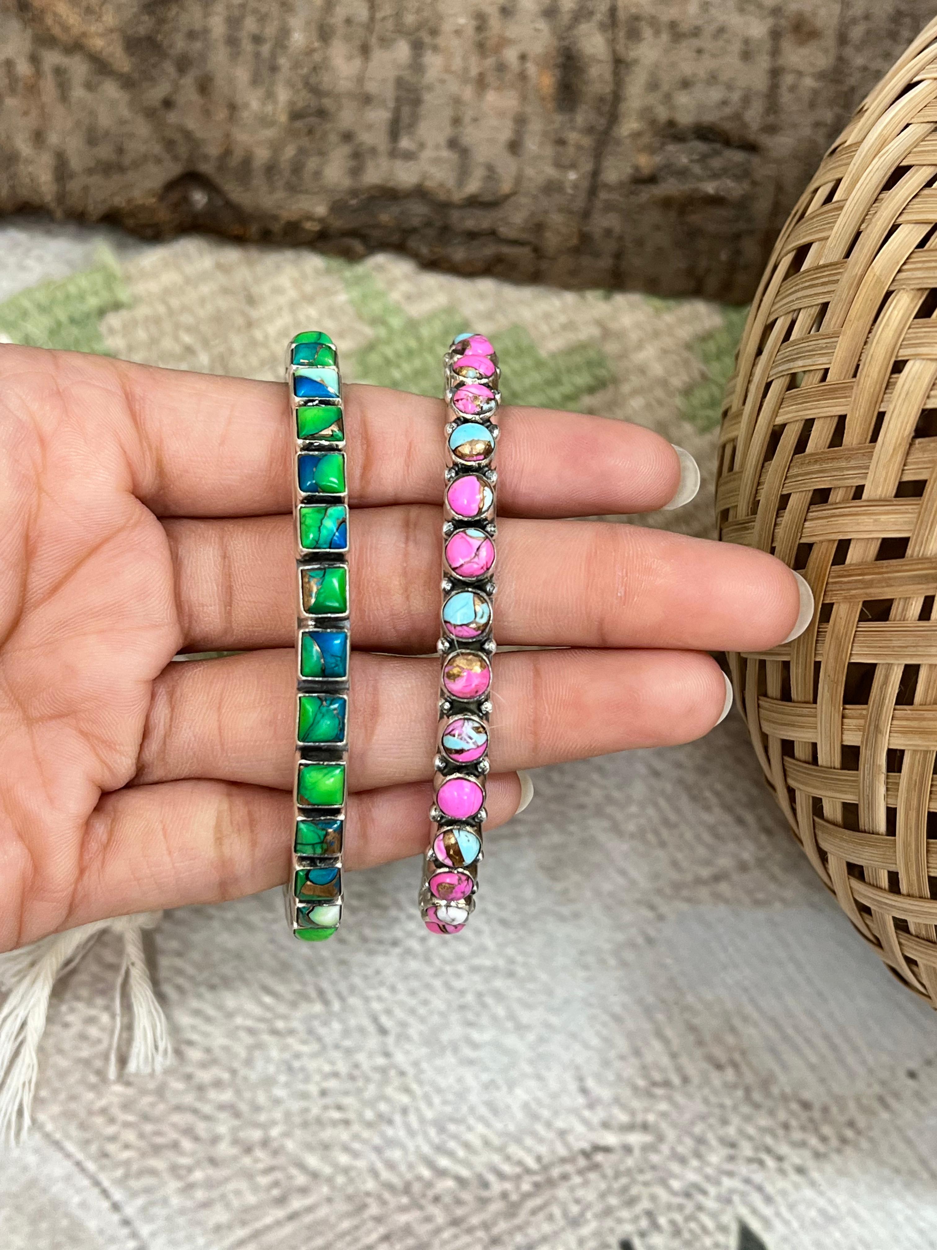 Handmade Sterling Silver Peacock Dahlia, Cotton Candy Cuff Bracelet with Signed Nizhoni