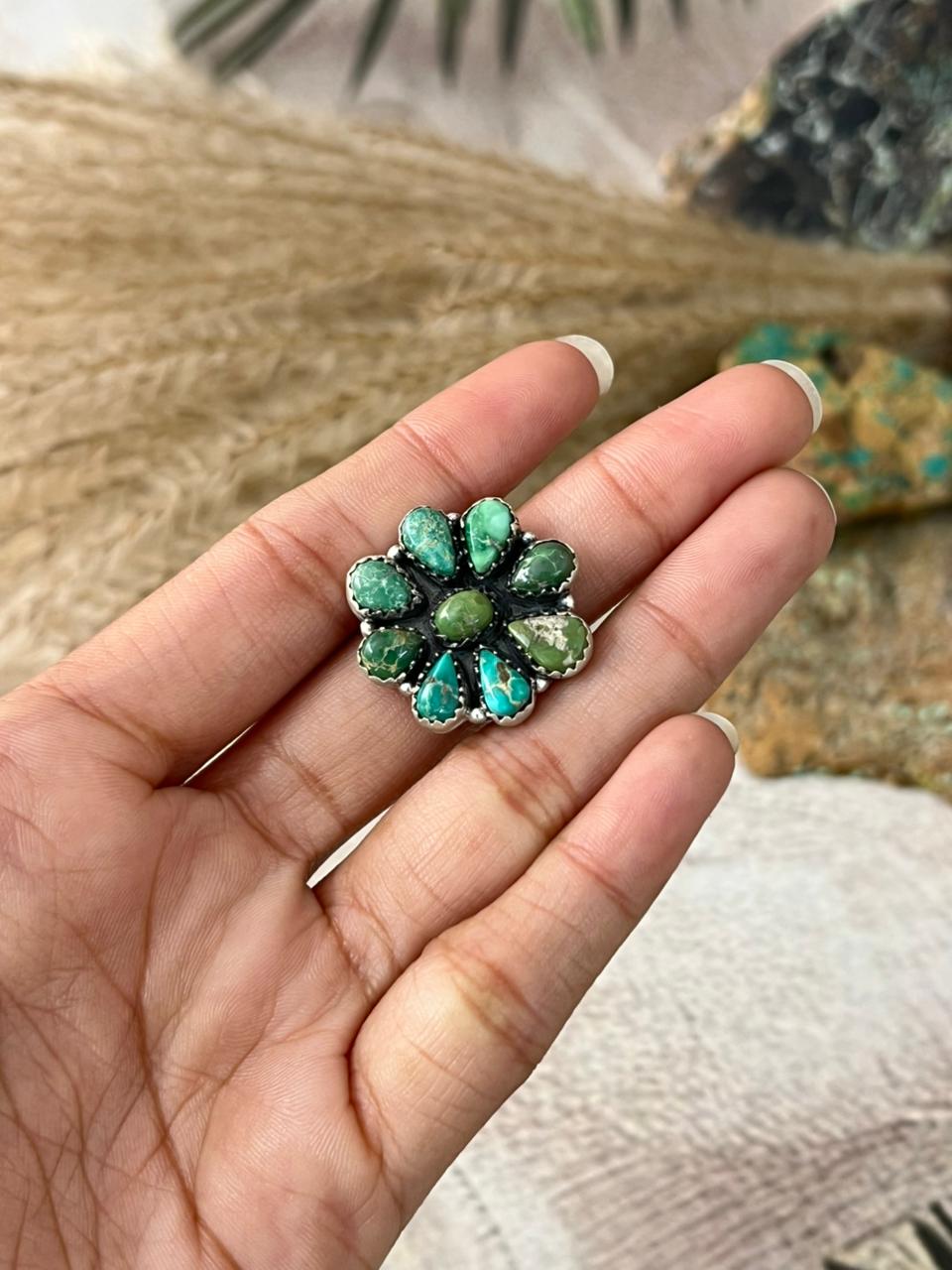 Handmade Sterling Silver Emerald Valley Turquoise Adjustable Ring "Signed Nizhoni"