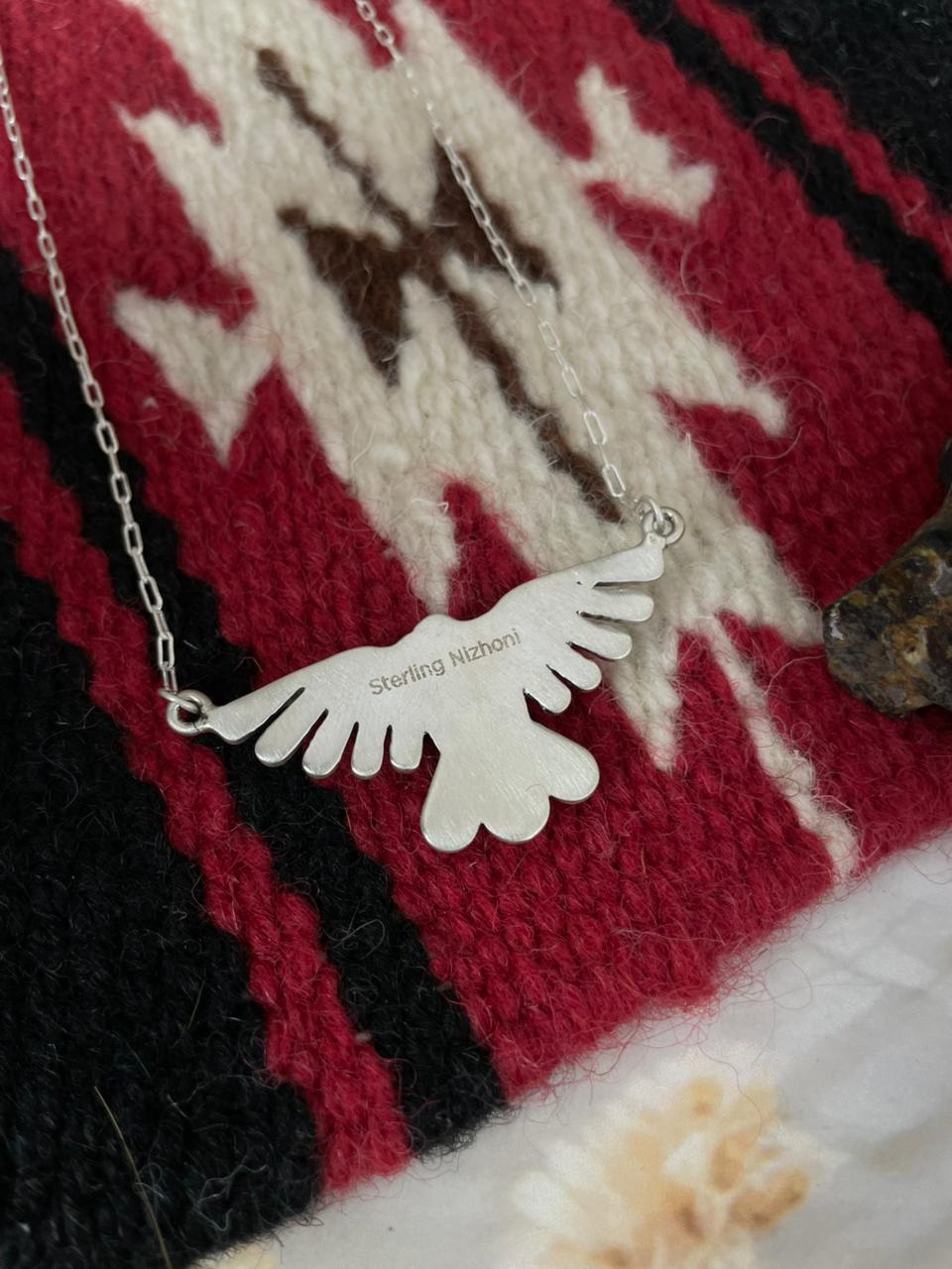 Handmade Sterling Silver Kingman Turquoise Thunder Bird Necklace "Signed Nizhoni"