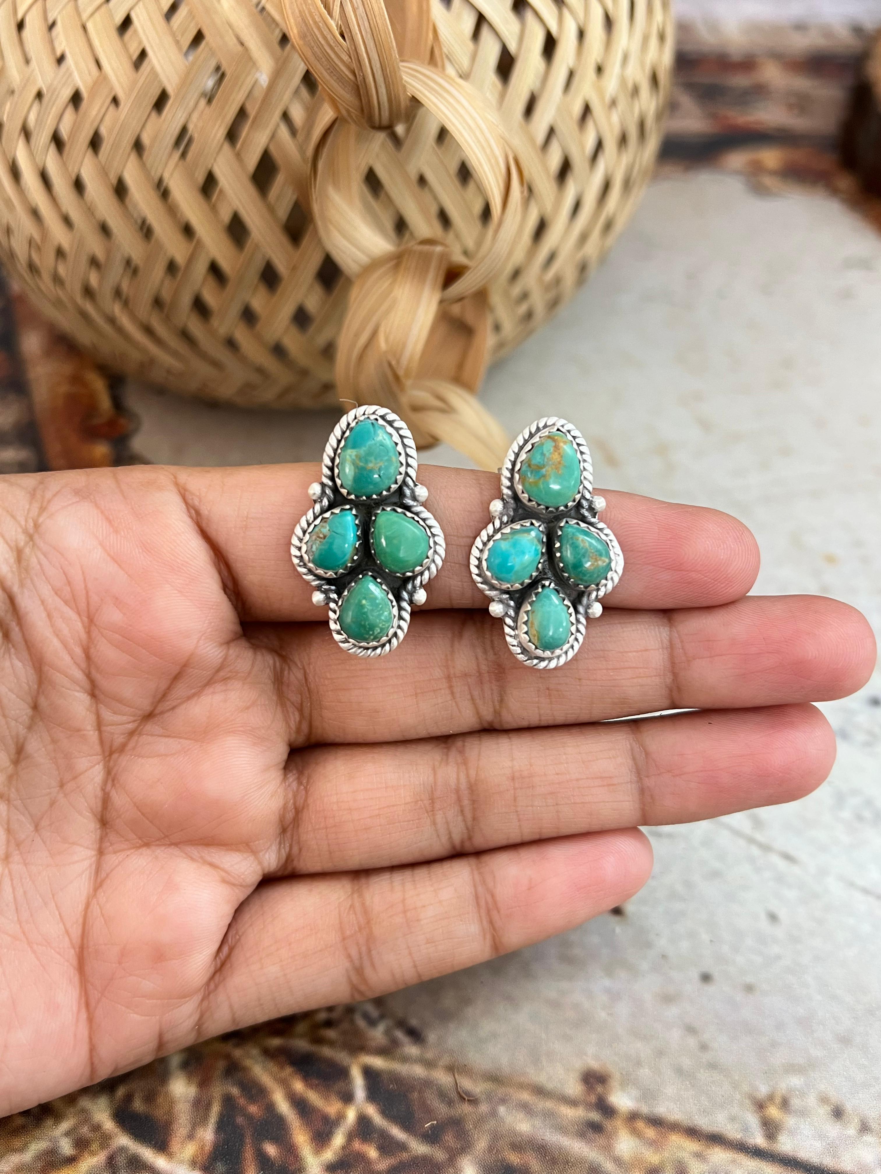 Handmade Sterling Silver Kingman Turquoise Post Studs with Signed Nizhoni