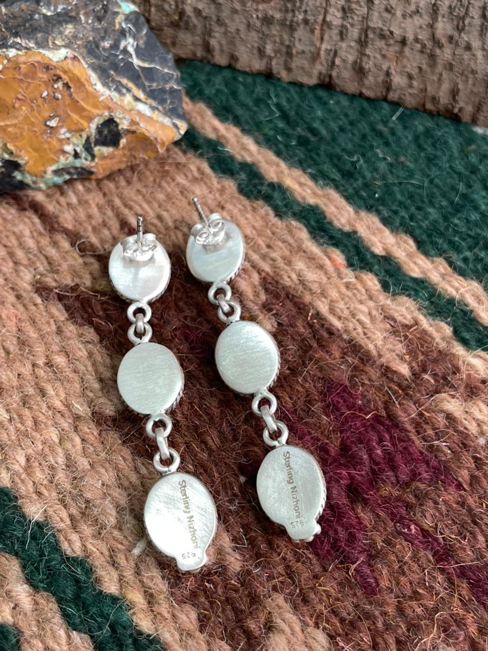 Handmade Sterling Silver White Buffalo Post Dangle Earrings "Signed Nizhoni"