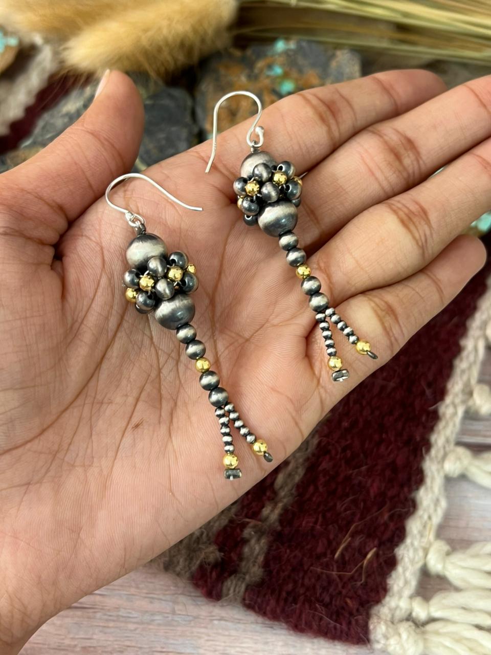 Handmade Sterling Silver with Golden Beads Hook Earrings
