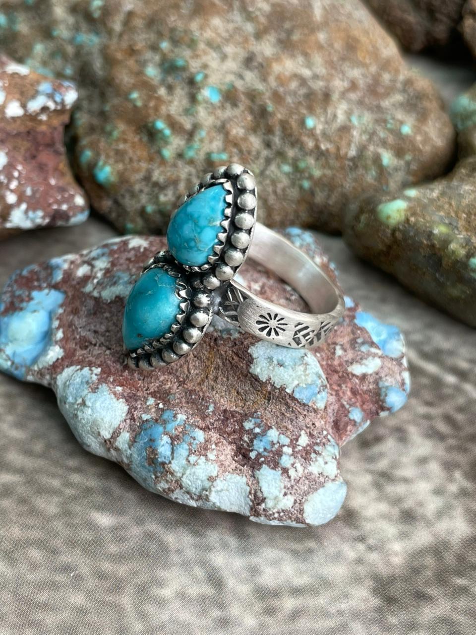 Handmade Sterling Silver White Water Turquoise Adjustable Ring with Signed Nizhoni