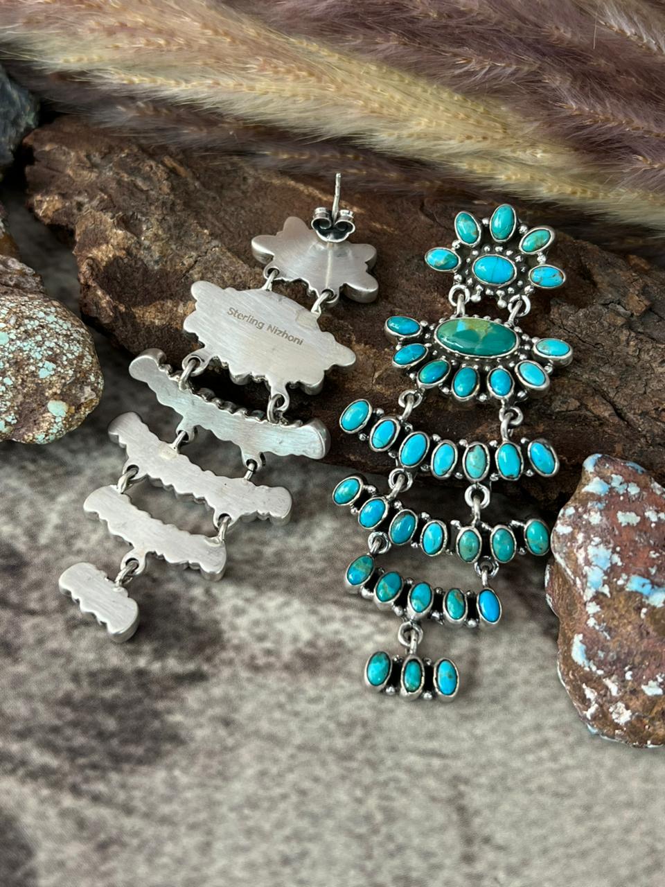 Handmade Sterling Silver Kingman Turquoise Post Dangle Earrings "Signed Nizhoni"