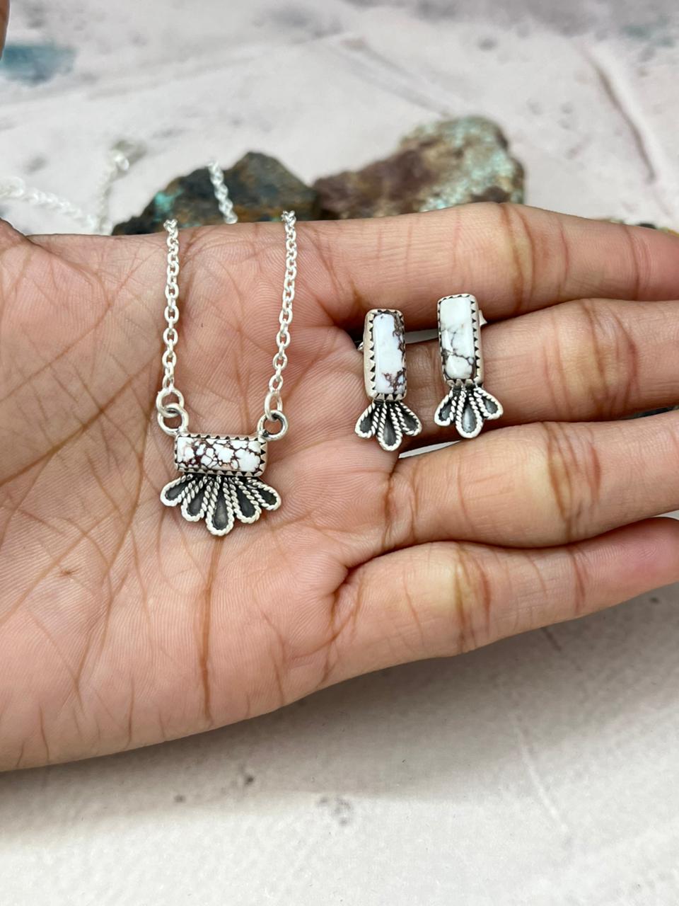 Handmade Sterling Silver Wildhorse Magnesite Necklace Earrings Set "Signed Nizhoni"