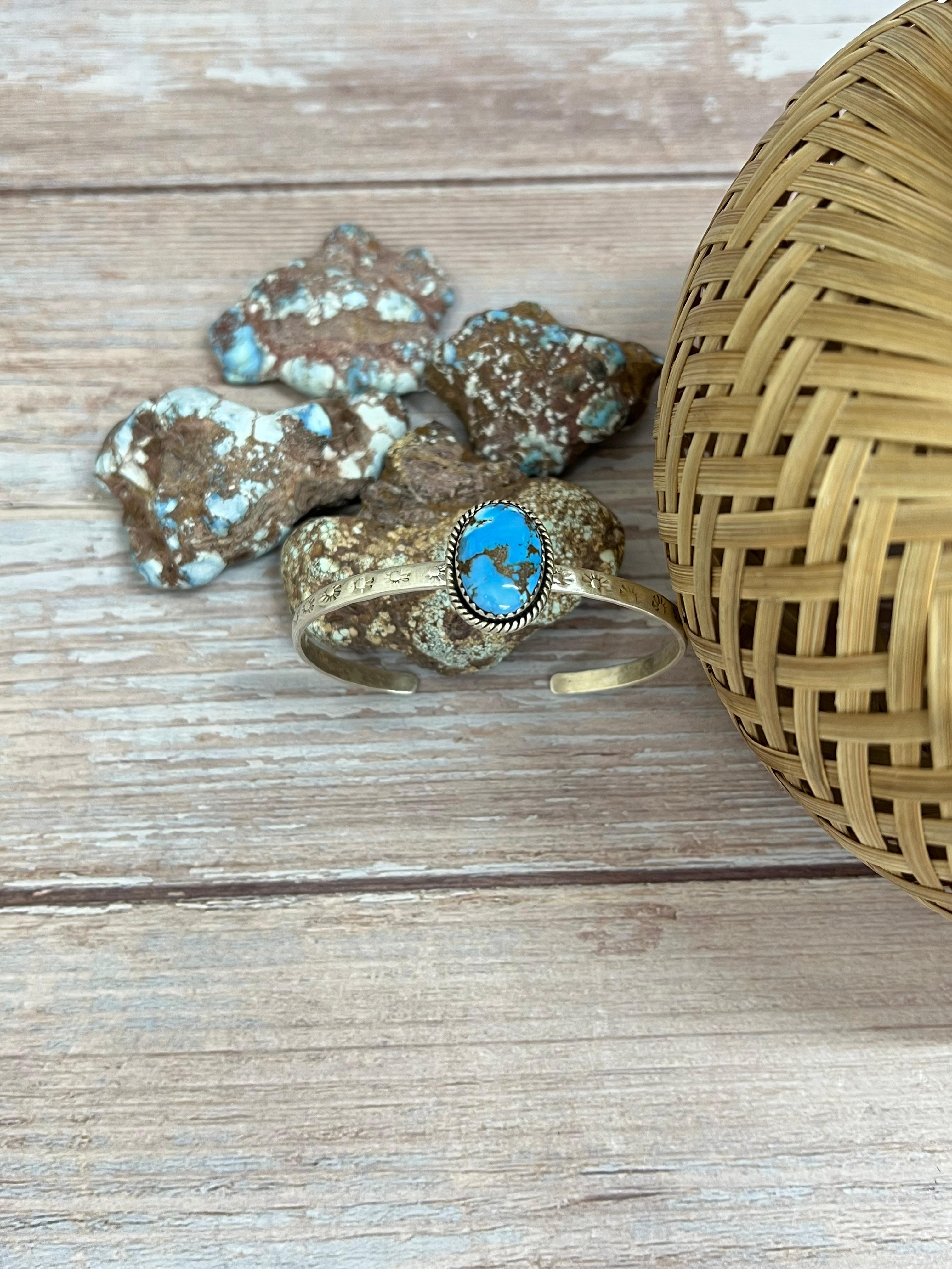 Handmade Sterling Silver Golden Hills Turquoise Cuff Bracelet with Signed Nizhoni