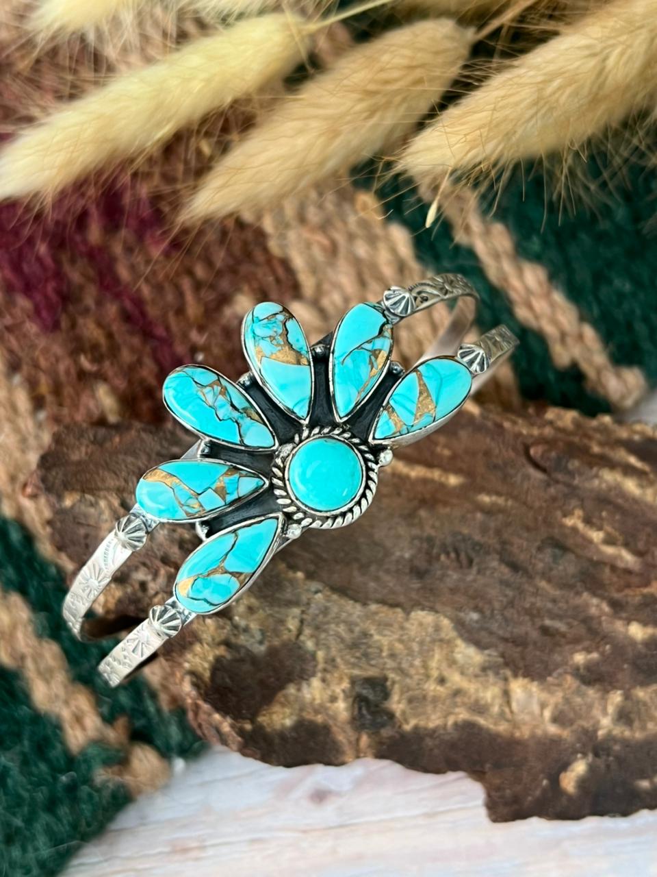 Handmade Sterling Silver Mint Dahlia Collection: Cuff Bracelet "Signed Nizhoni"
