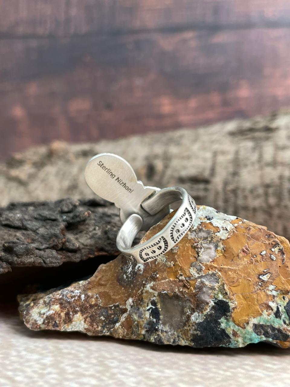 Handmade Sterling Silver Kingman Turquoise Adjustable Ring "Signed Nizhoni"