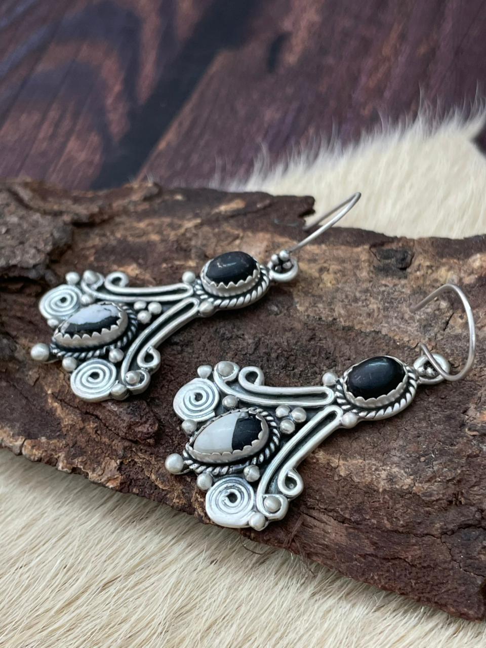 Handmade Sterling Silver White Buffalo Hook Dangle Earrings "Signed Nizhoni"