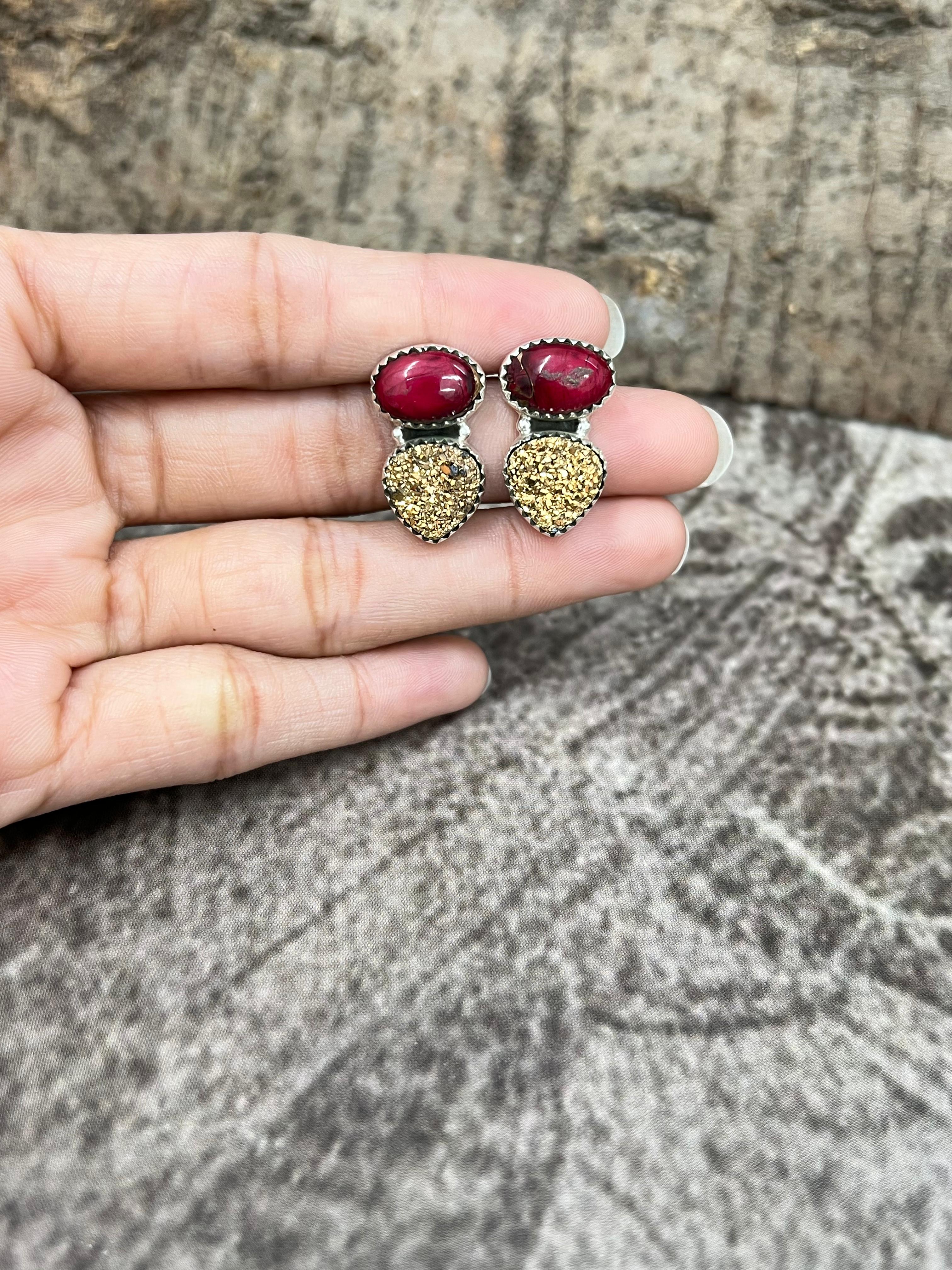 Handmade Sterling Silver Dahlia Rose with Druzy Post Earrings with Signed Nizhoni