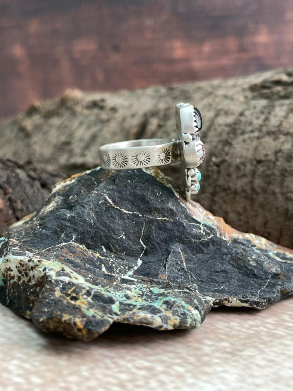 Handmade Sterling Silver Kingman with Wildhorse, Black Onyx Adjustable Ring "Signed Nizhoni"