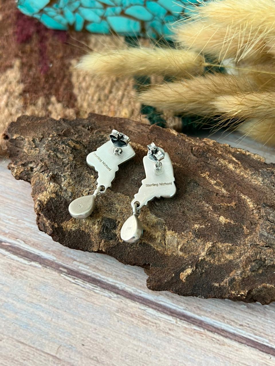Handmade Sterling Silver Mint Dahlia Collection: Post Dangle Earrings "Signed Nizhoni"