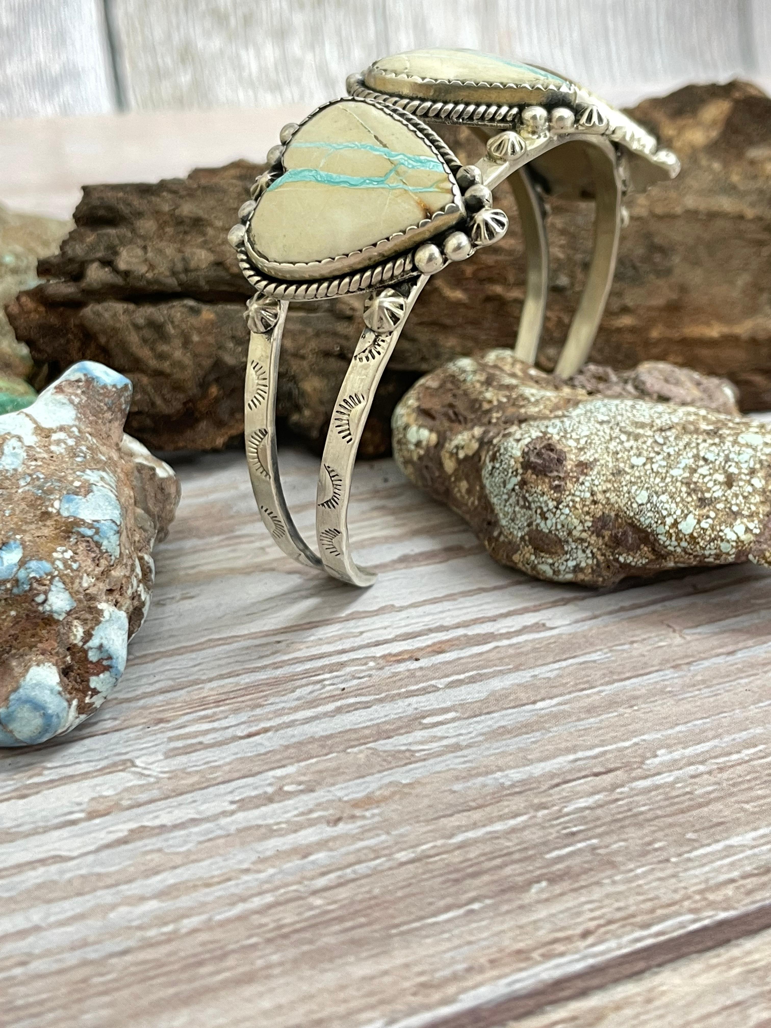 Handmade Sterling Silver Ribbon Royston Heart Cuff Bracelet with Signed Nizhoni