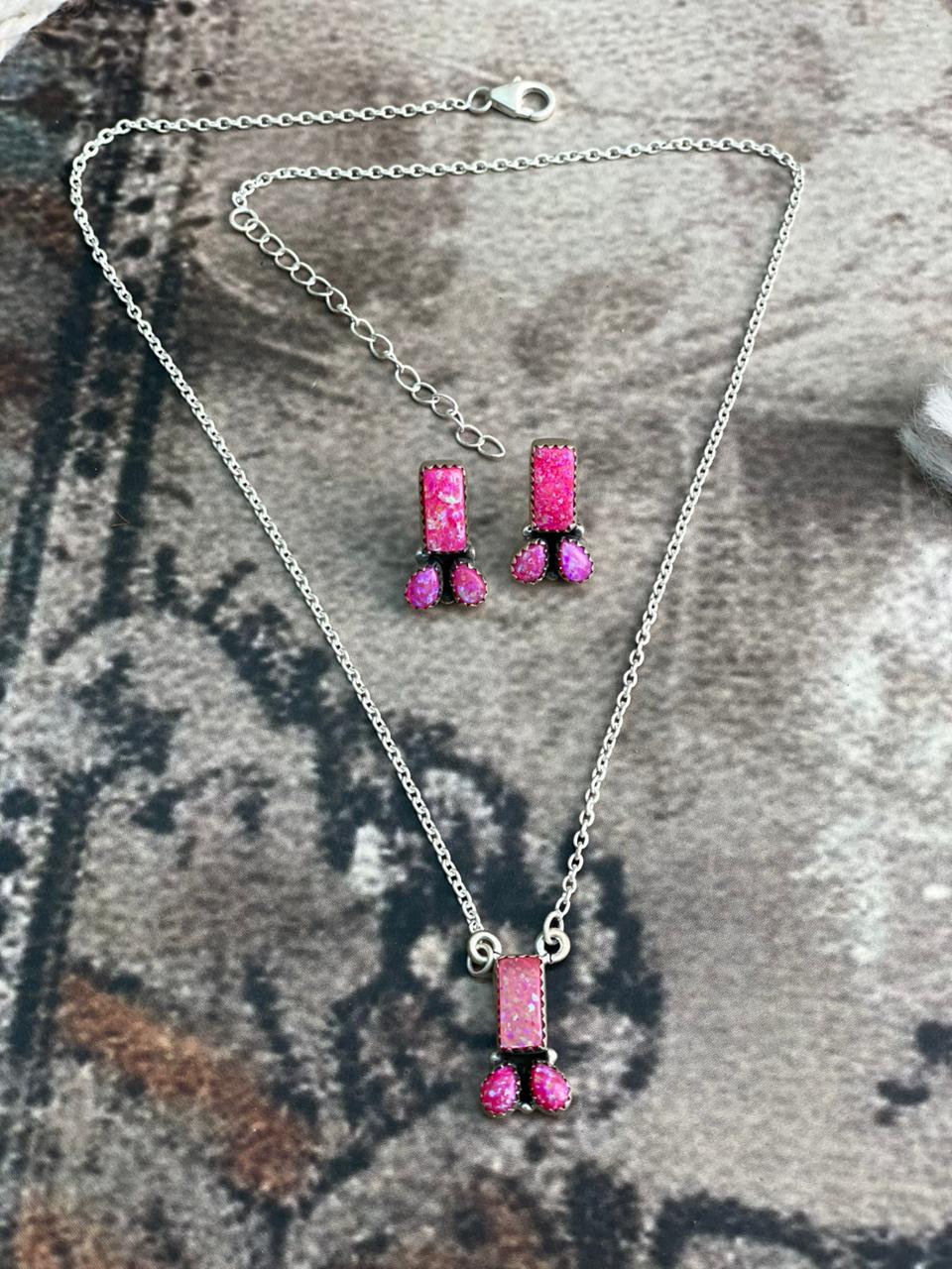 Handmade Sterling Silver Hot Pink Necklace Earrings Set "Signed Nizhoni"