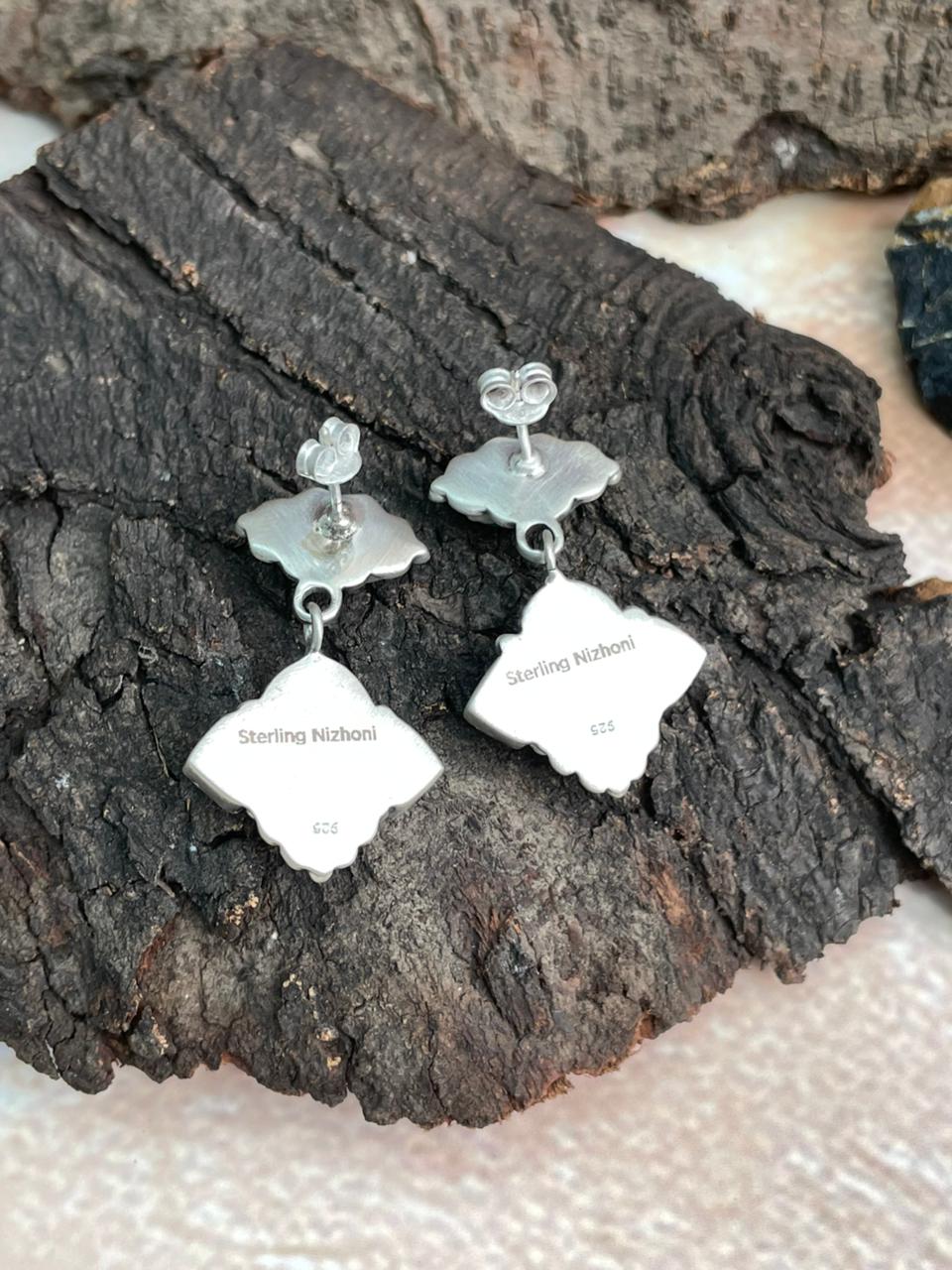 Handmade Sterling Silver Kingman with Wildhorse, Black Onyx Post Dangle Earrings Set "Signed Nizhoni"