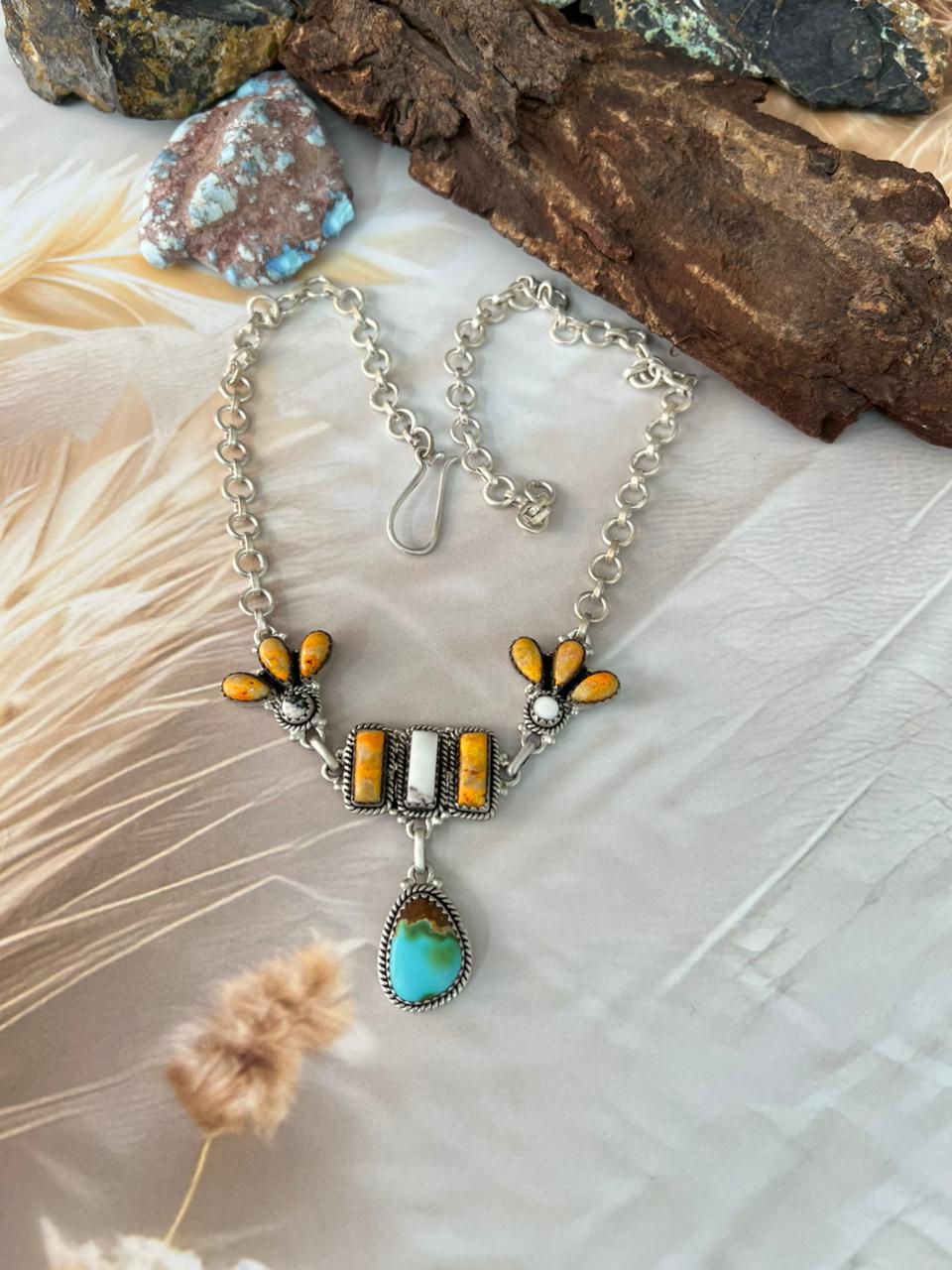 Handmade Sterling Silver Spring Collection: White Buffalo with Bumblebee & Sonoran Mountain Turquoise Necklace "Signed Nizhoni"