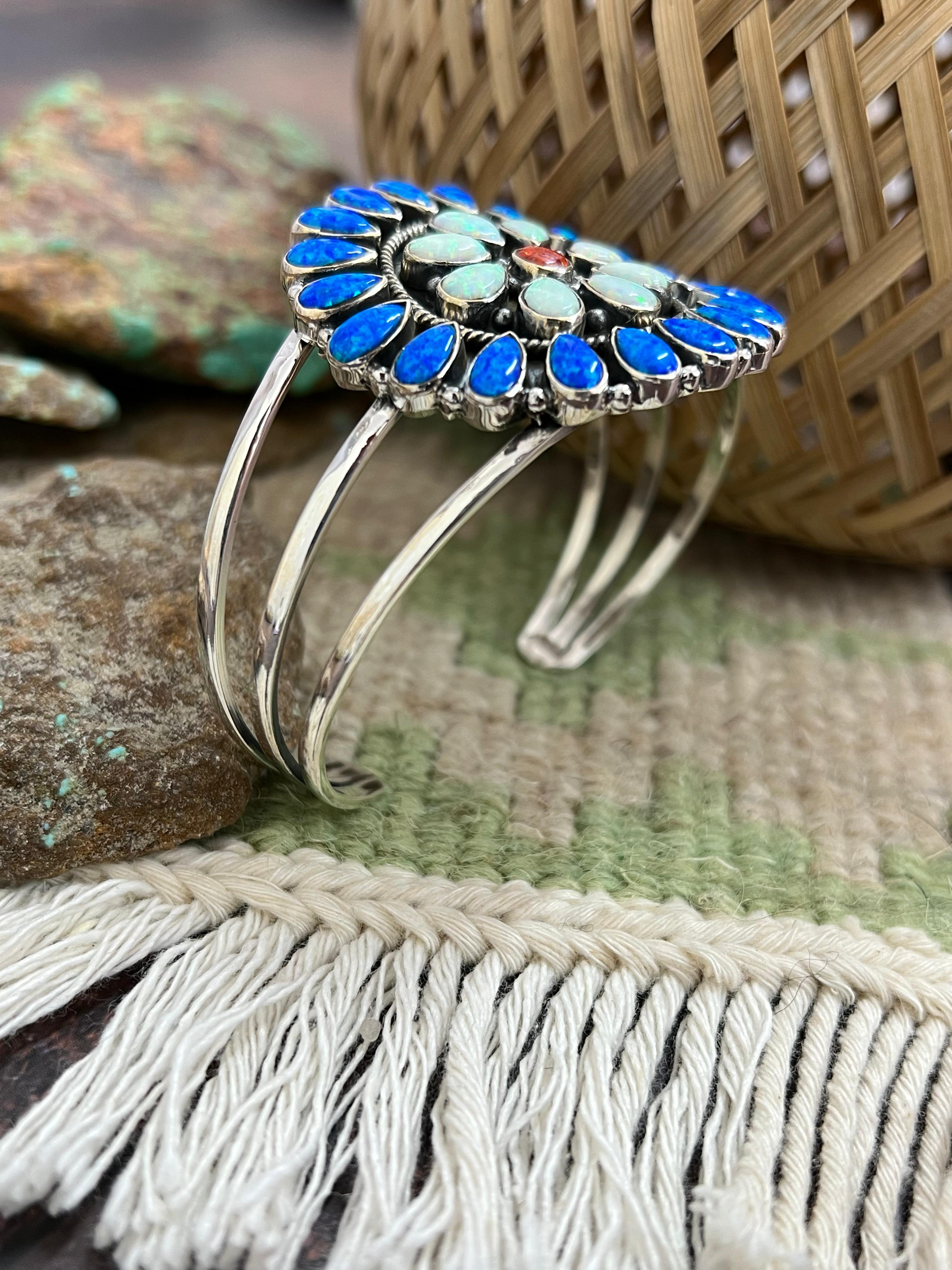 ** 4TH OF JULY ** Handmade Sterling Silver Synthetic Opal Cuff Bracelet with Signed Nizhoni