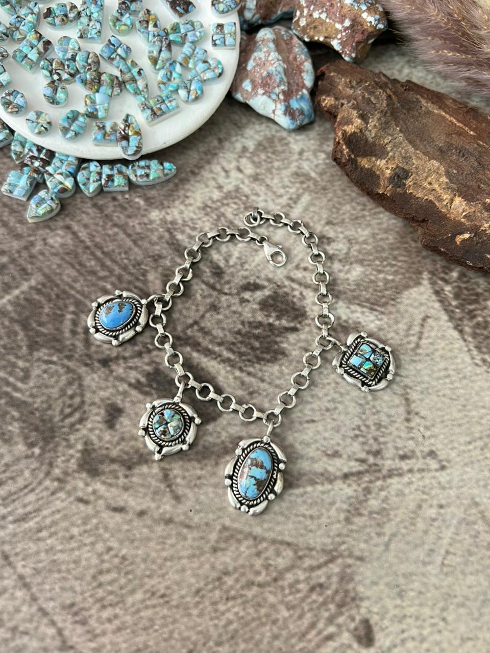 Handmade Sterling Silver Golden Hills Turquoise Cobble Collection Bracelet "Signed Nizhoni"
